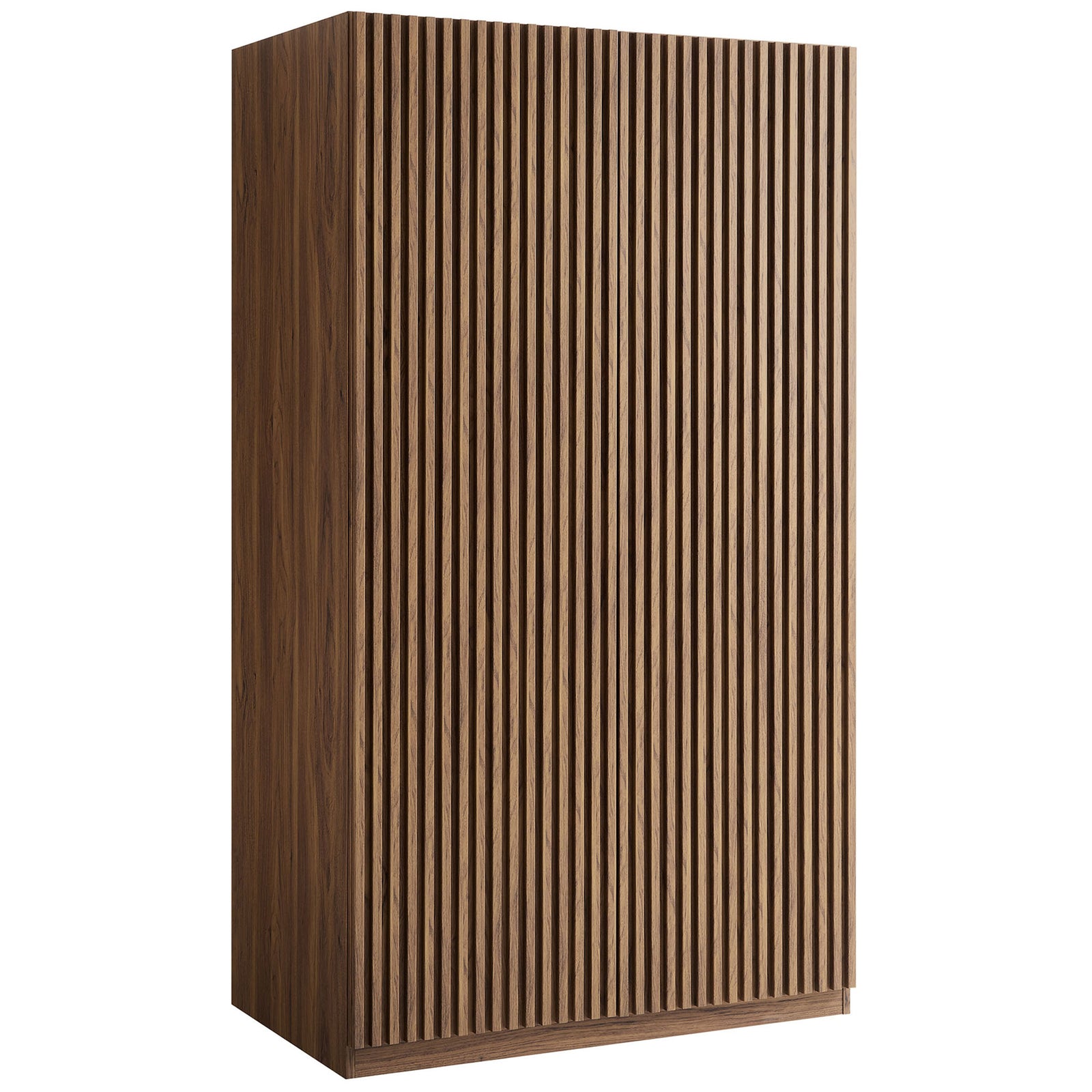 Mid-century walnut wardrobe with vertical slatted doors and richly grained side panels || MOD-7182-WAL || front_angle_studio