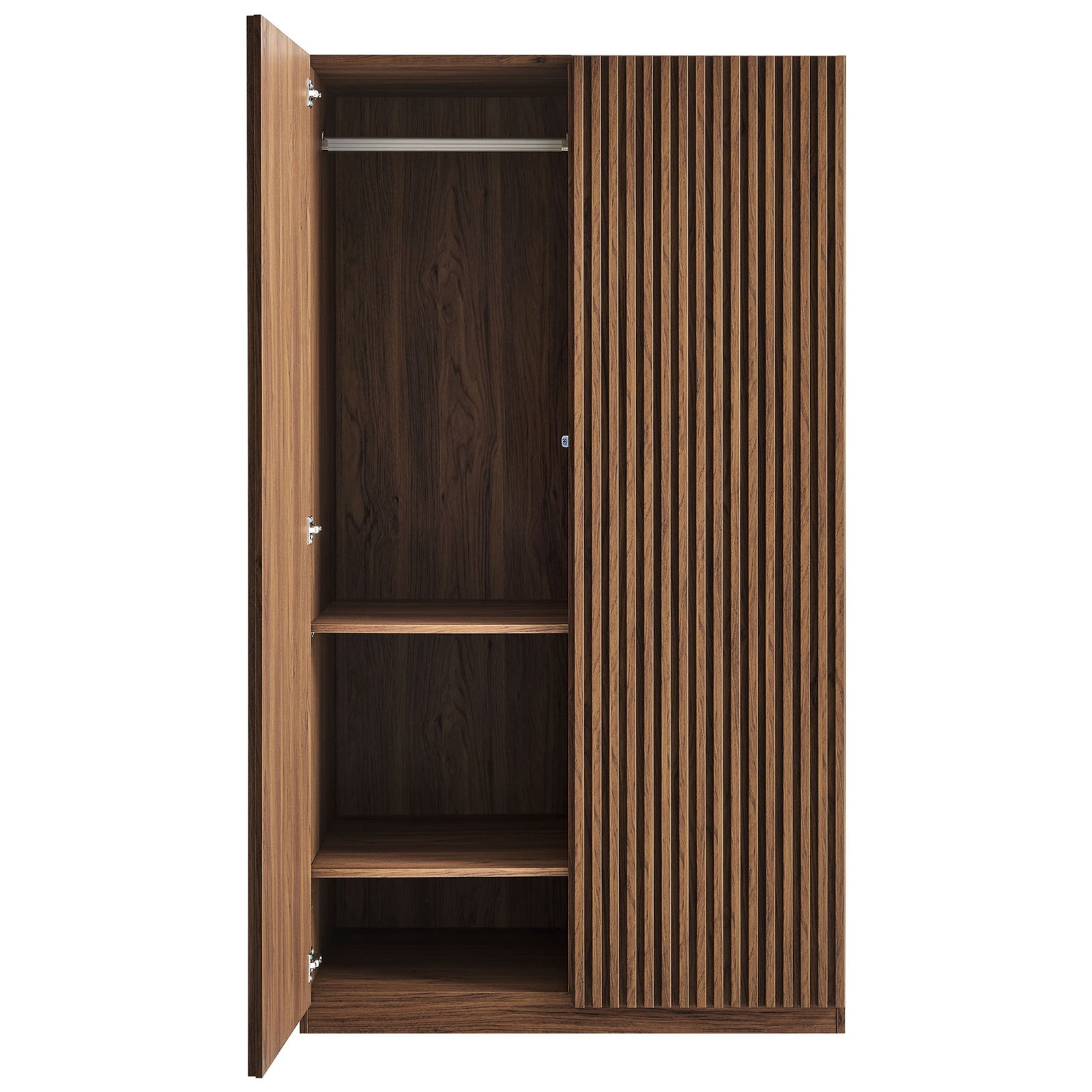Walnut slatted wardrobe showing open interior with hanging rail and adjustable shelving || MOD-7182-WAL || front_open_studio