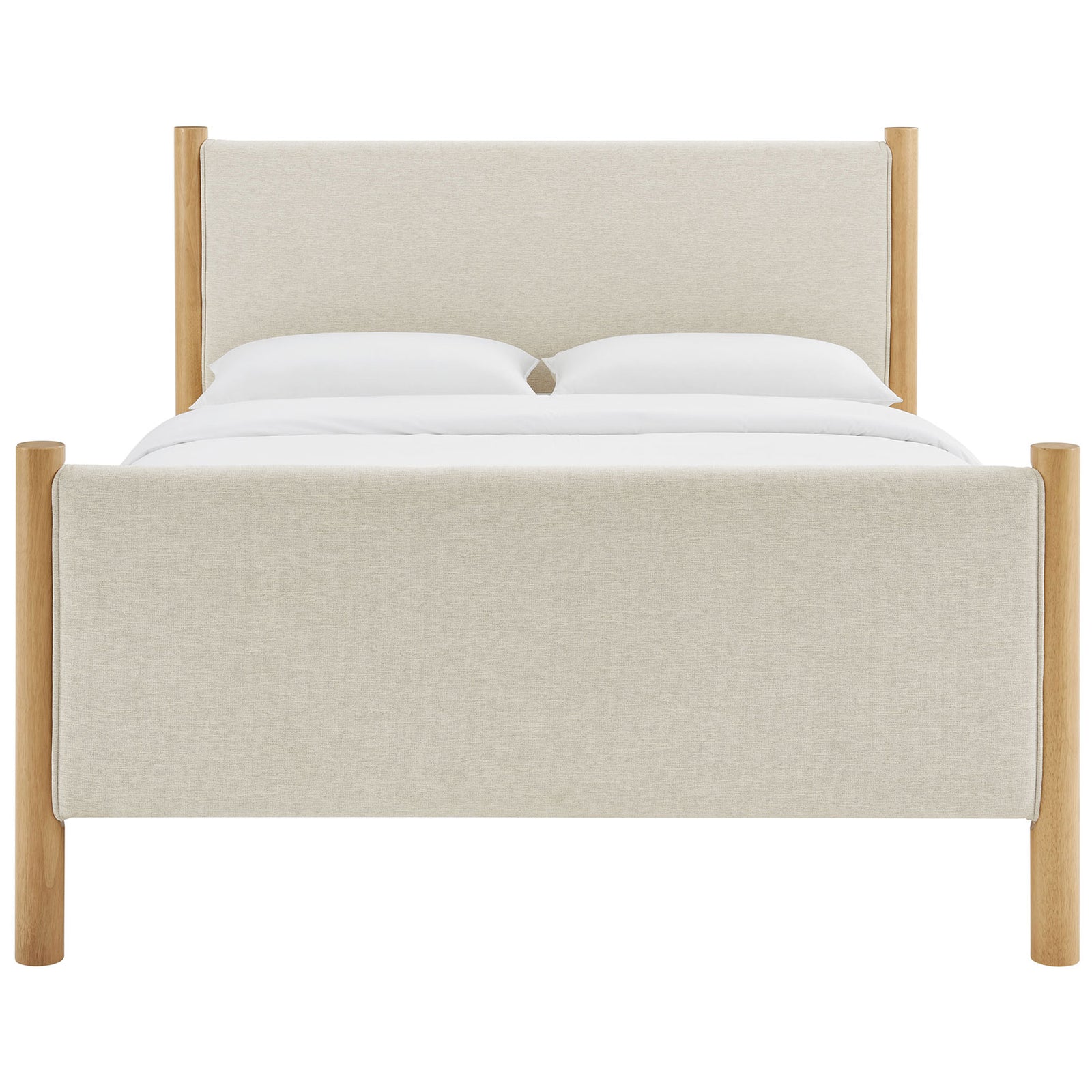 Crisp, tailored platform bed with heathered ivory upholstery framed by solid oak round posts || MOD-7189-HEI-OAK || front_studio