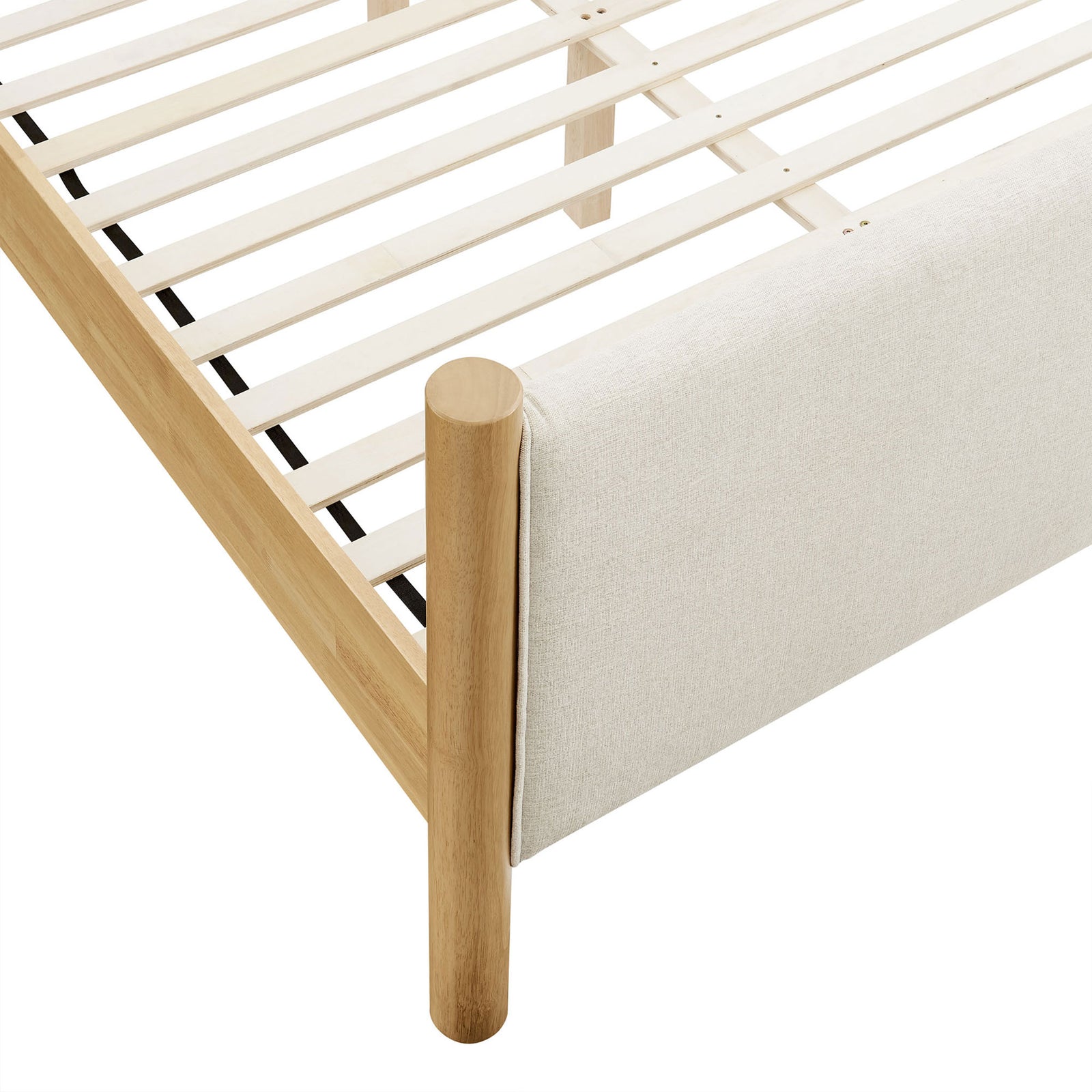 Heathered fabric footboard with round oak pillar and durable slat construction || MOD-7189-HEI-OAK || detail_studio