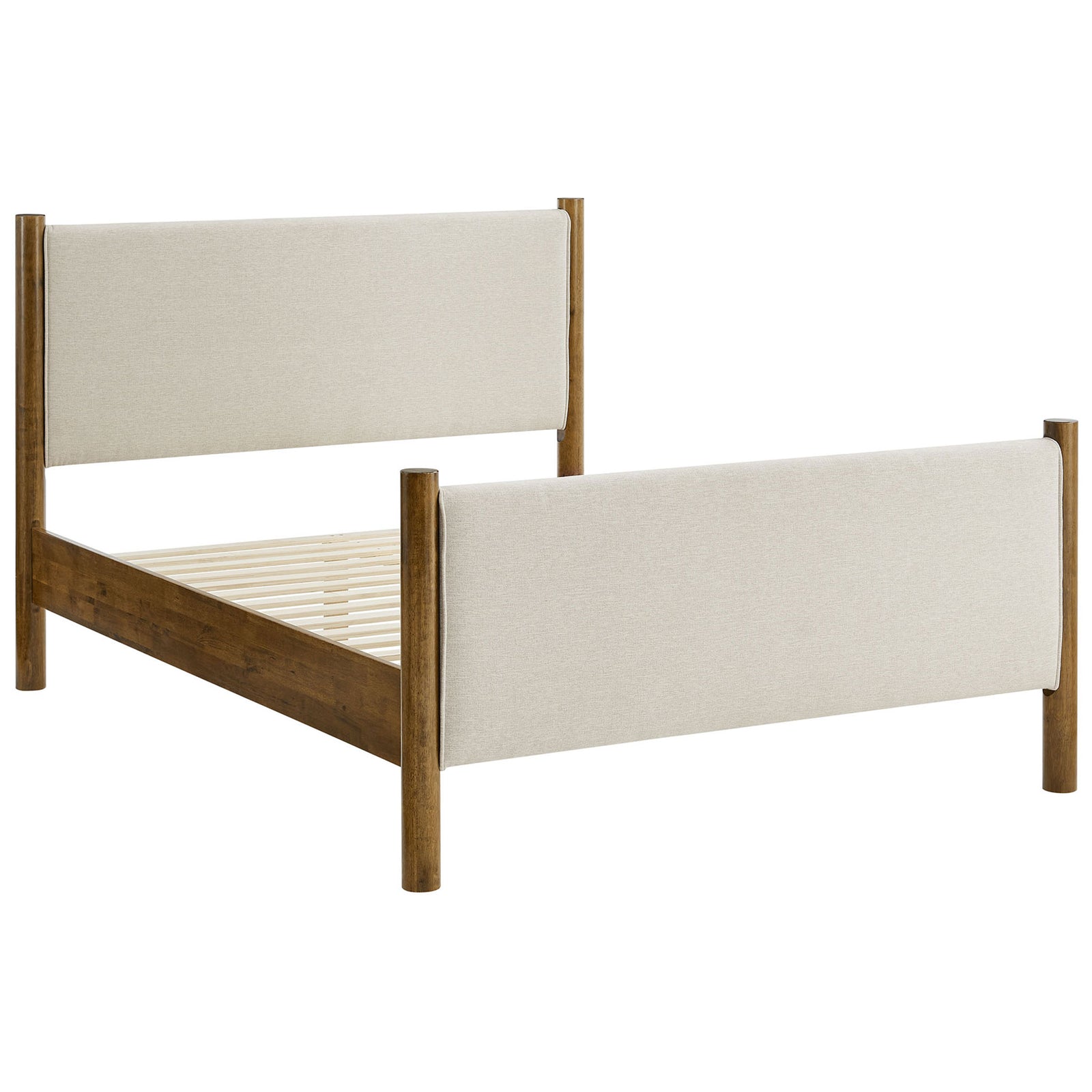 Slatted platform bed with heathered ivory panels and walnut wood posts for airy, box-spring-free support || MOD-7189-HEI-WAL || front_angle_studio
