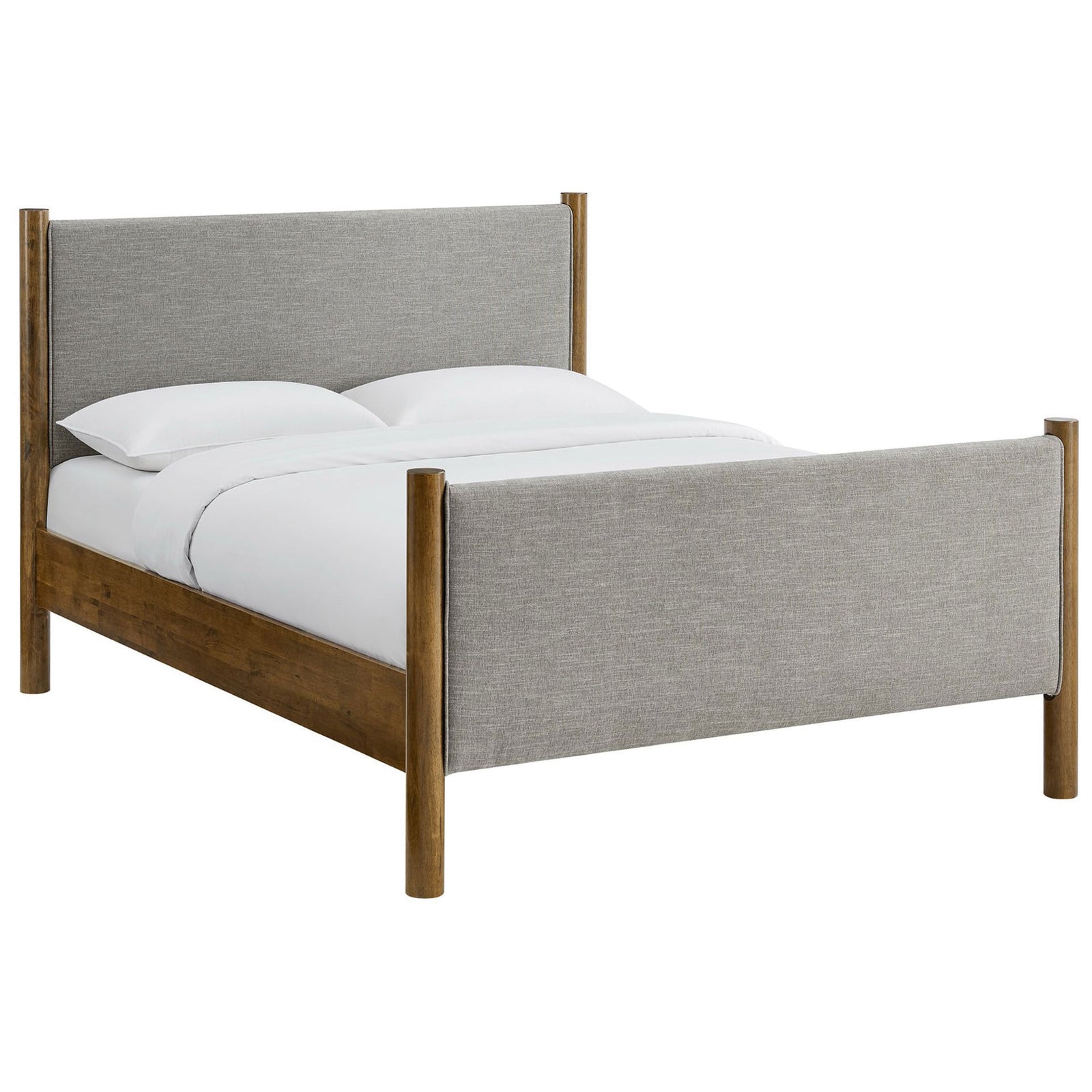 Cozy upholstered bed with heathered oatmeal panels and warm walnut wood posts for a timeless, tailored look. || MOD-7189-HEW-WAL || front_angle_studio