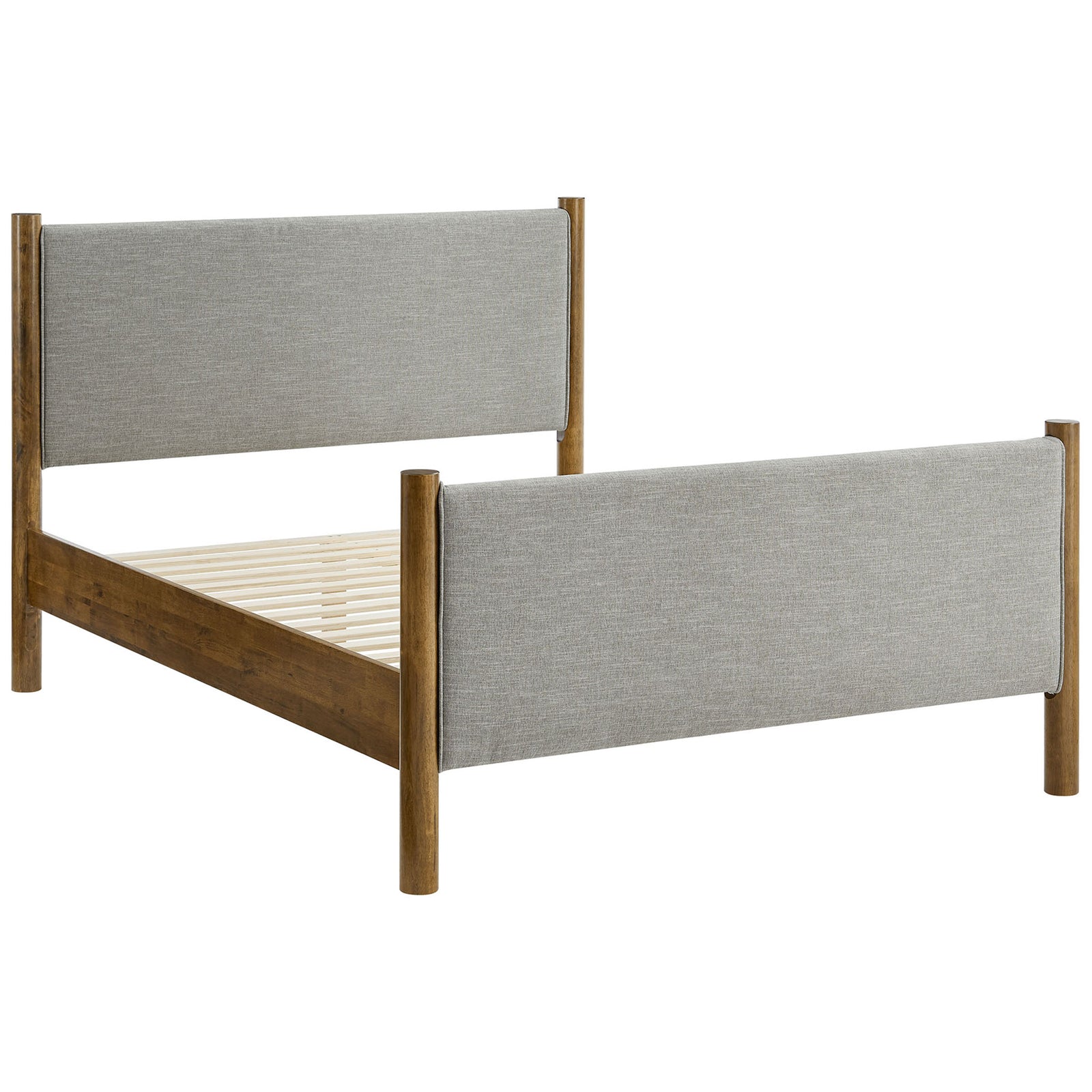 Platform bed with heathered panels and sturdy walnut frame featuring supportive wood slats for box-spring-free comfort. || MOD-7189-HEW-WAL || front_angle_studio