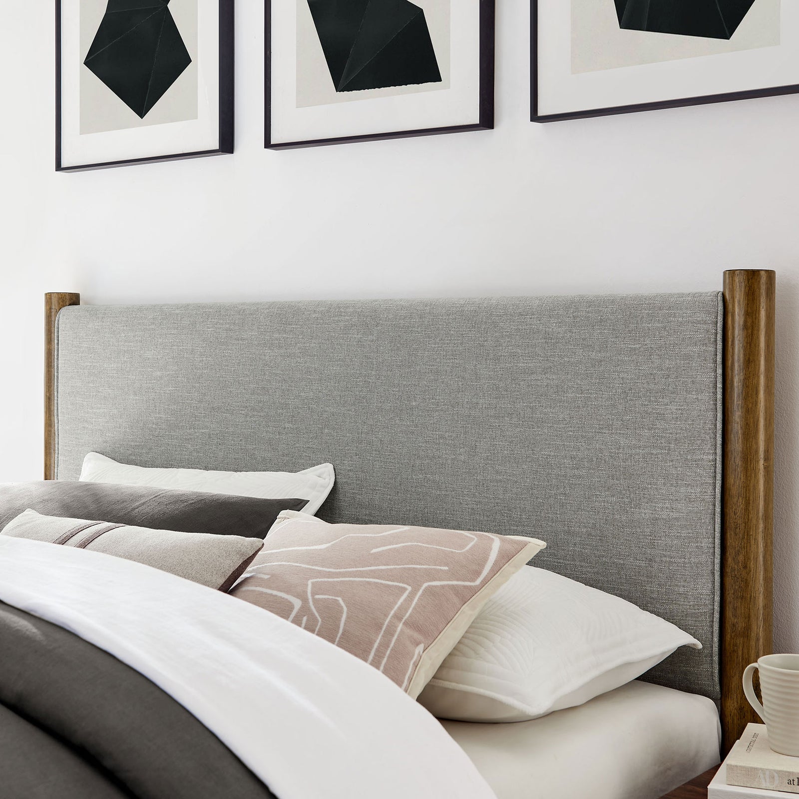 Soft, heathered fabric headboard brings inviting texture to your bedroom retreat. || MOD-7189-HEW-WAL || detail_room