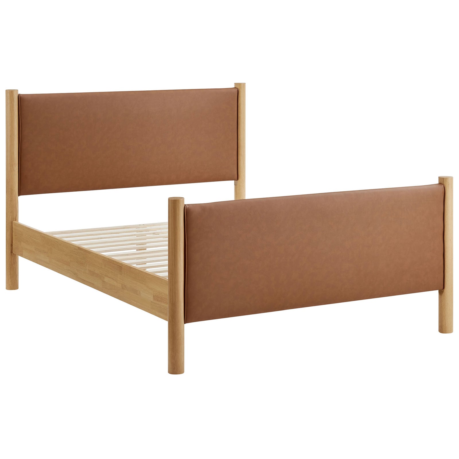 Wood slat platform supports your mattress without a box spring, framed by sturdy oak and vegan leather || MOD-7190-TAN-OAK || front_angle_studio