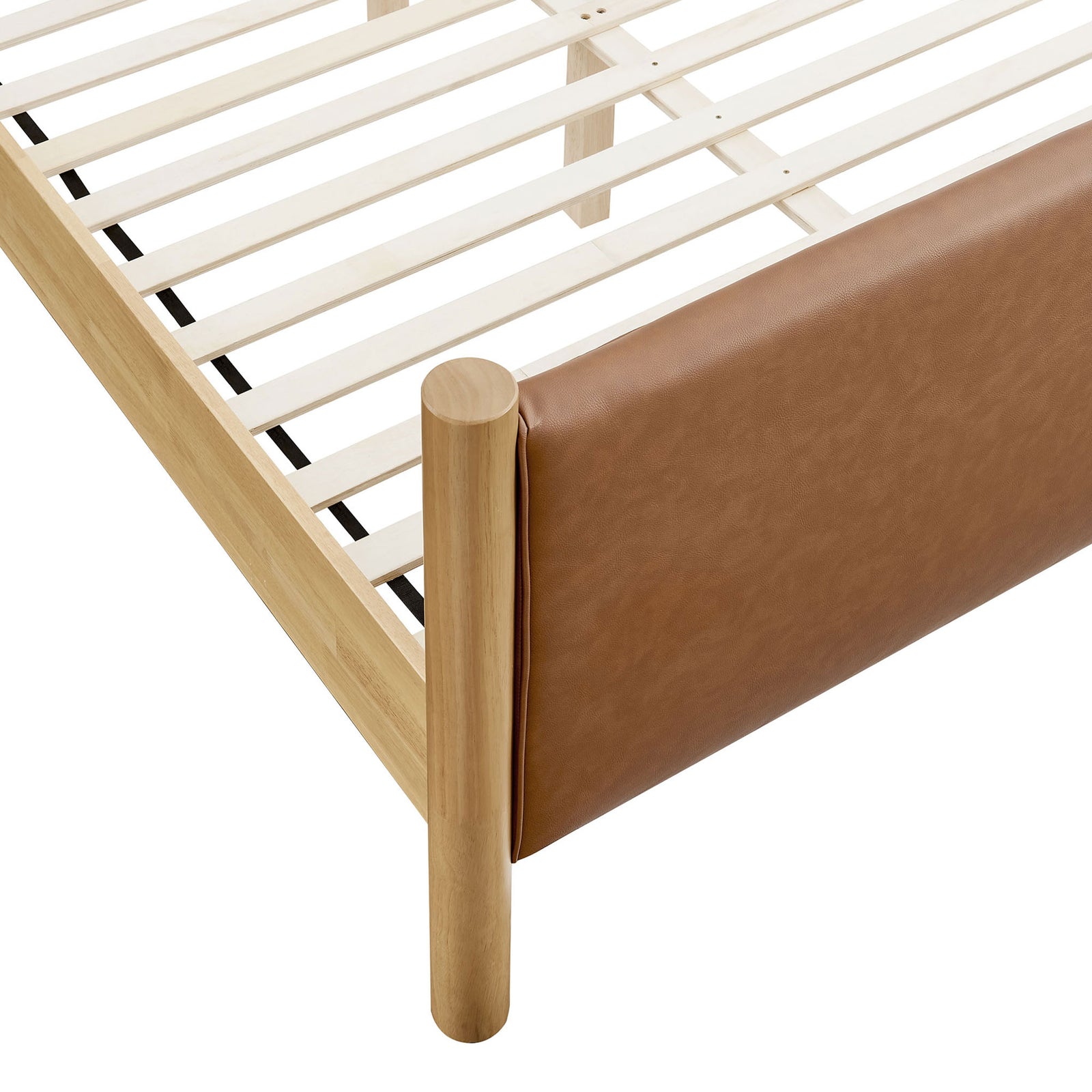 Rounded oak leg meets the upholstered footboard with neat stitching and durable wood slat support || MOD-7190-TAN-OAK || detail_studio