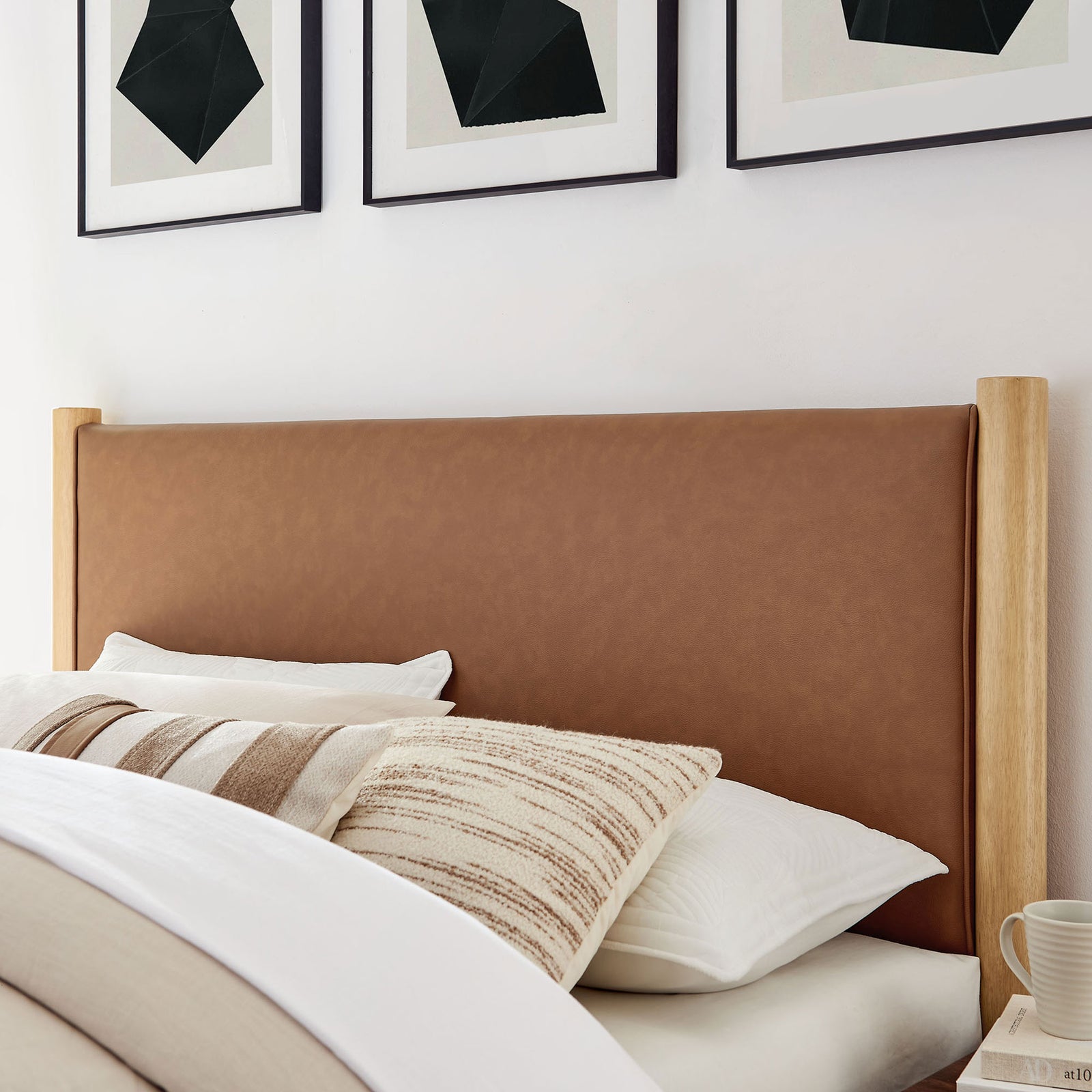Padded vegan leather headboard offers soft support with clean, tailored edges || MOD-7190-TAN-OAK || detail_room