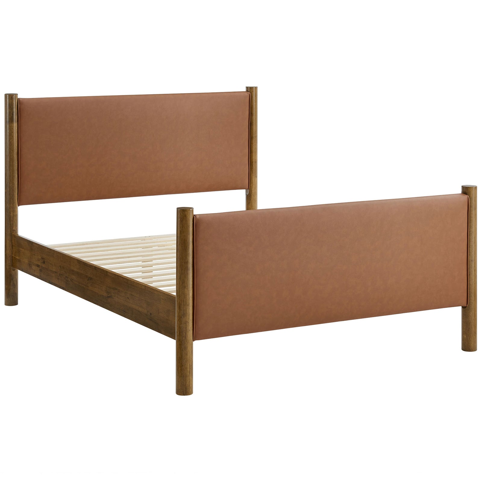 Sturdy wood slat platform with tan vegan leather panels and walnut posts. || MOD-7190-TAN-WAL || front_angle_studio