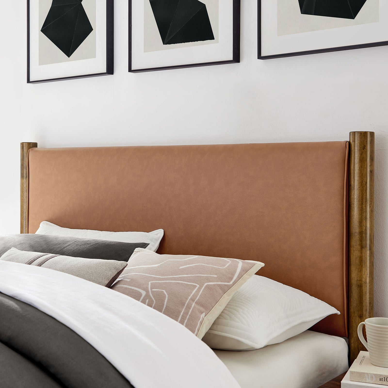 Padded tan vegan leather headboard adds warm texture against walnut-finish posts. || MOD-7190-TAN-WAL || detail_room