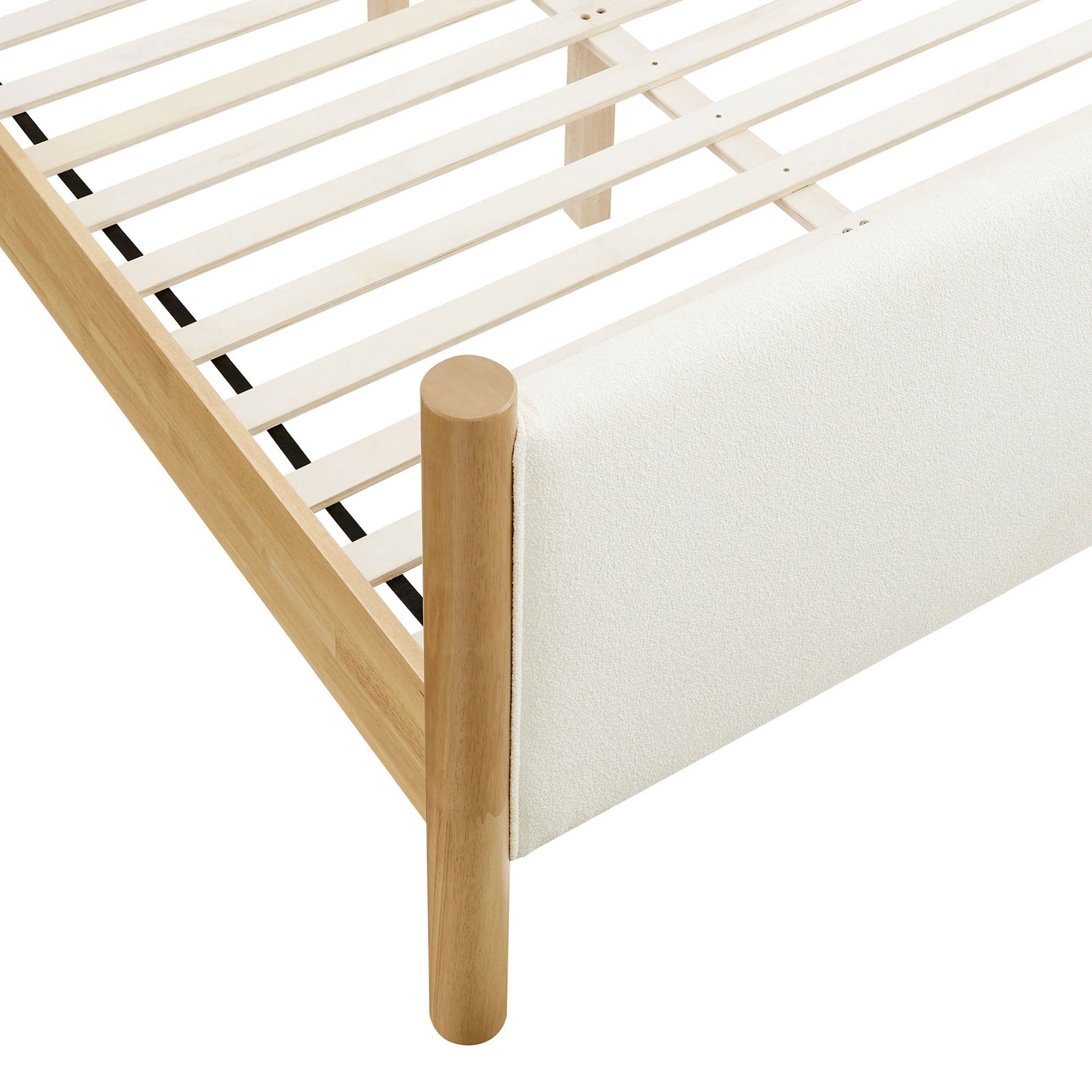 Rounded pillar leg and neatly tailored boucle upholstery with slat platform detail || MOD-7191-FEA-OAK || leg_studio