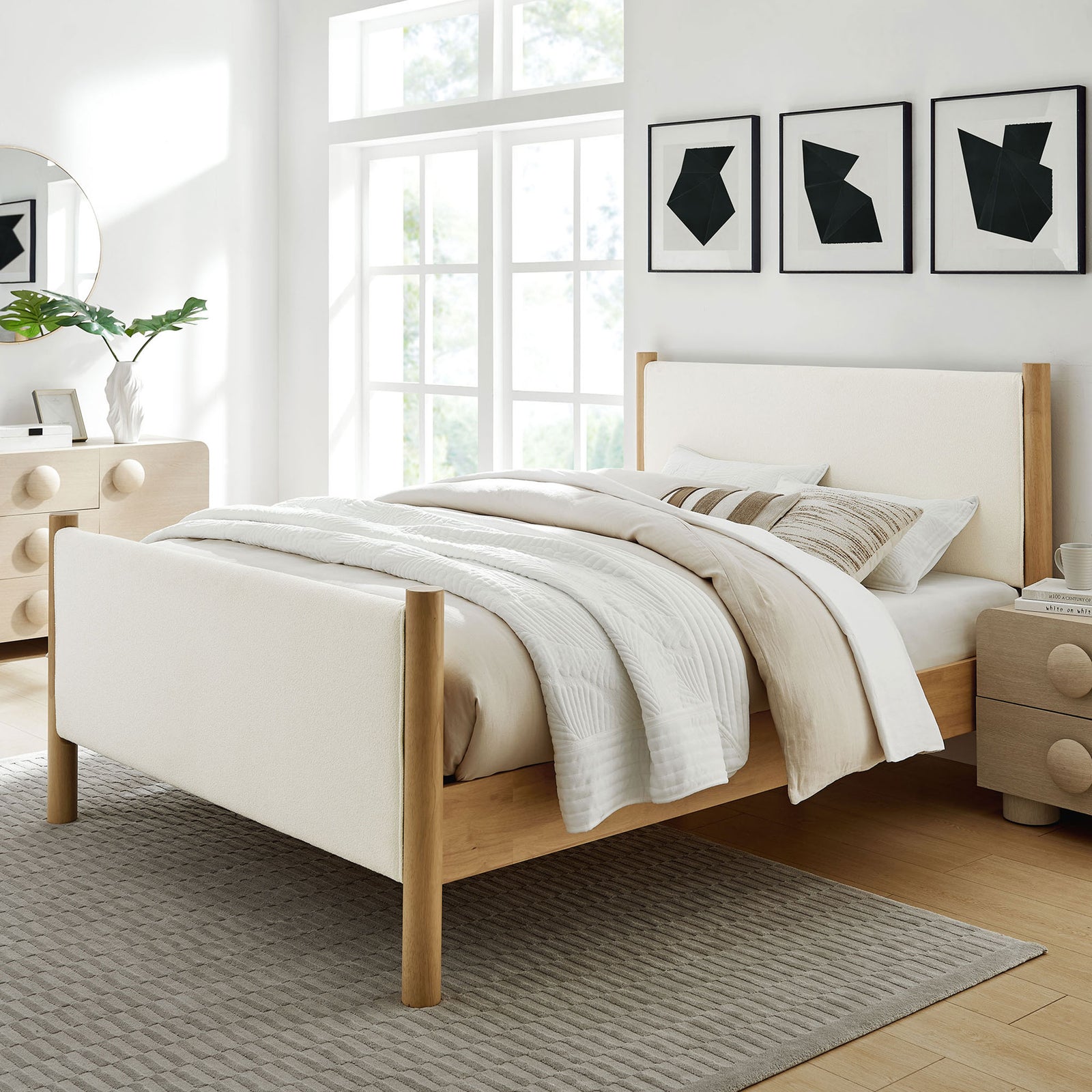 Inviting neutral bed layers complement the ivory boucle panels and warm oak posts || MOD-7191-FEA-OAK || front_angle_room