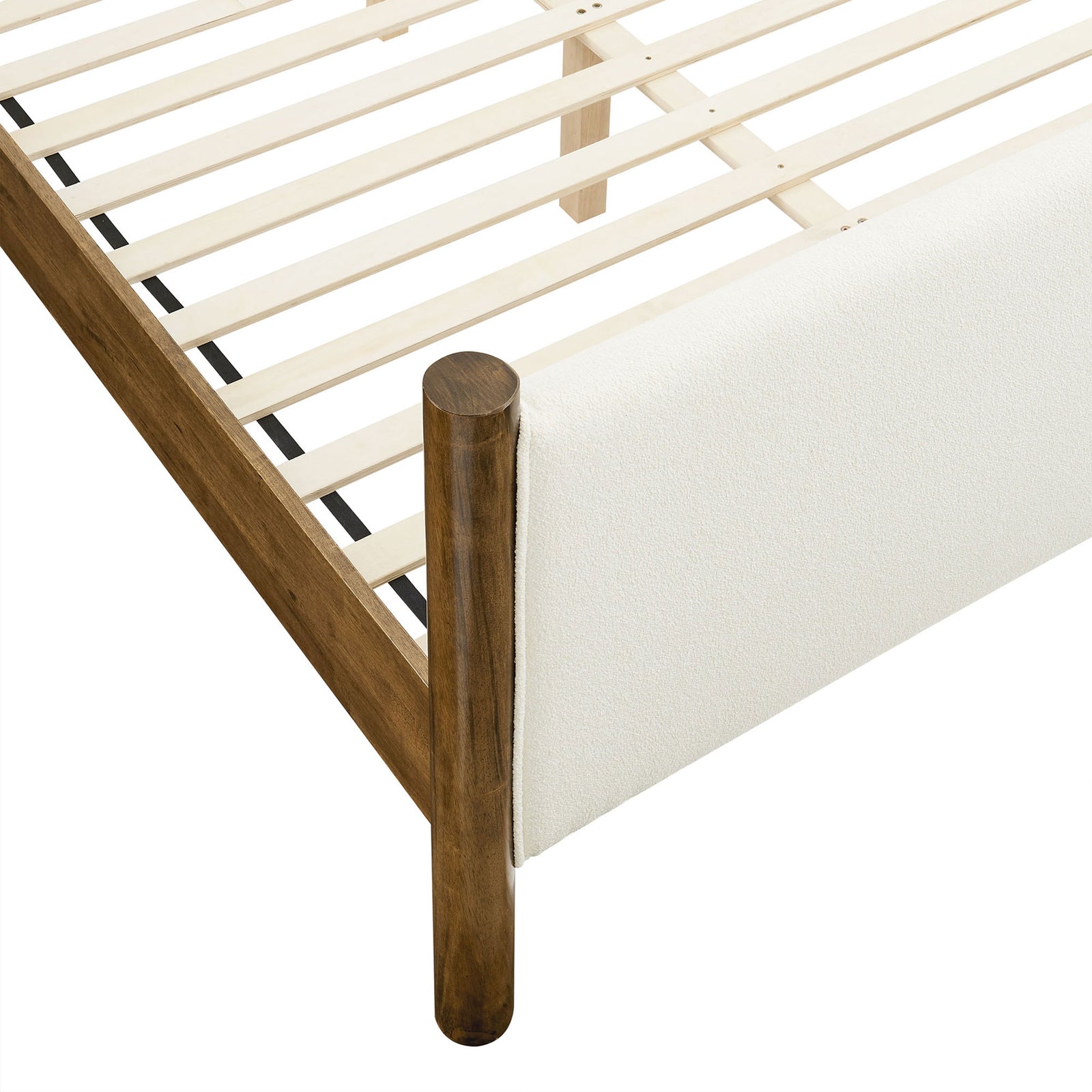 Round walnut post and slatted platform detailing with soft ivory upholstery || MOD-7191-FEA-WAL || detail_studio