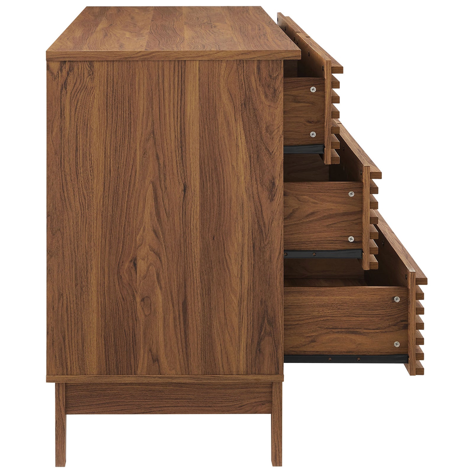 Multiple drawers glide open smoothly, revealing organized storage for clothing and linens. || MOD-7200-WAL || side_open_studio