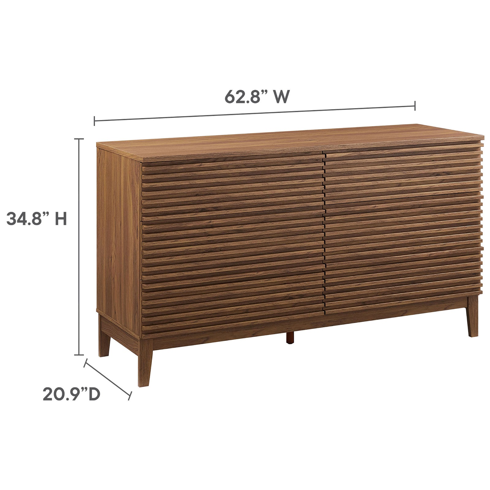 Dimension graphic shows overall width, height, and depth of the six-drawer dresser. || MOD-7200-WAL || dimension_studio