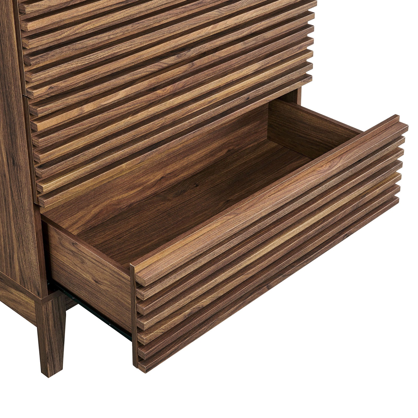 Open drawer reveals spacious storage and smooth metal glides behind the slatted walnut facade || MOD-7202-WAL || storage_open_studio