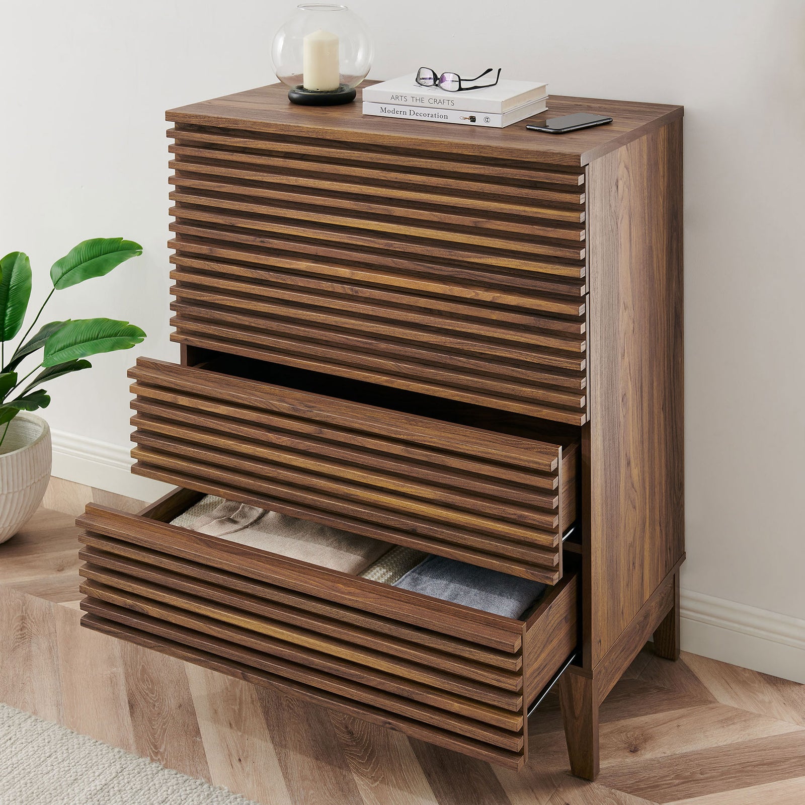 Styled chest with drawers open, showing neatly organized linens in a bright modern bedroom || MOD-7202-WAL || front_angle_open_room