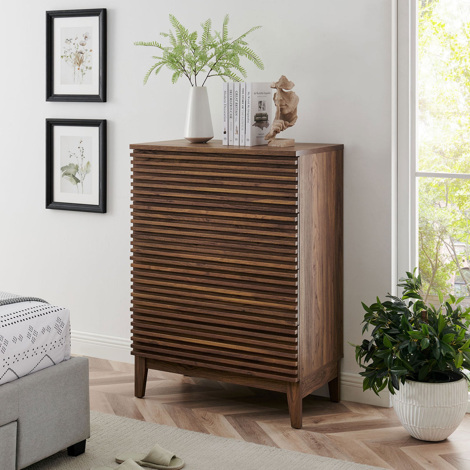Walnut slatted chest styled with decor and greenery, adding warm texture to the bedroom || MOD-7202-WAL || front_angle_room