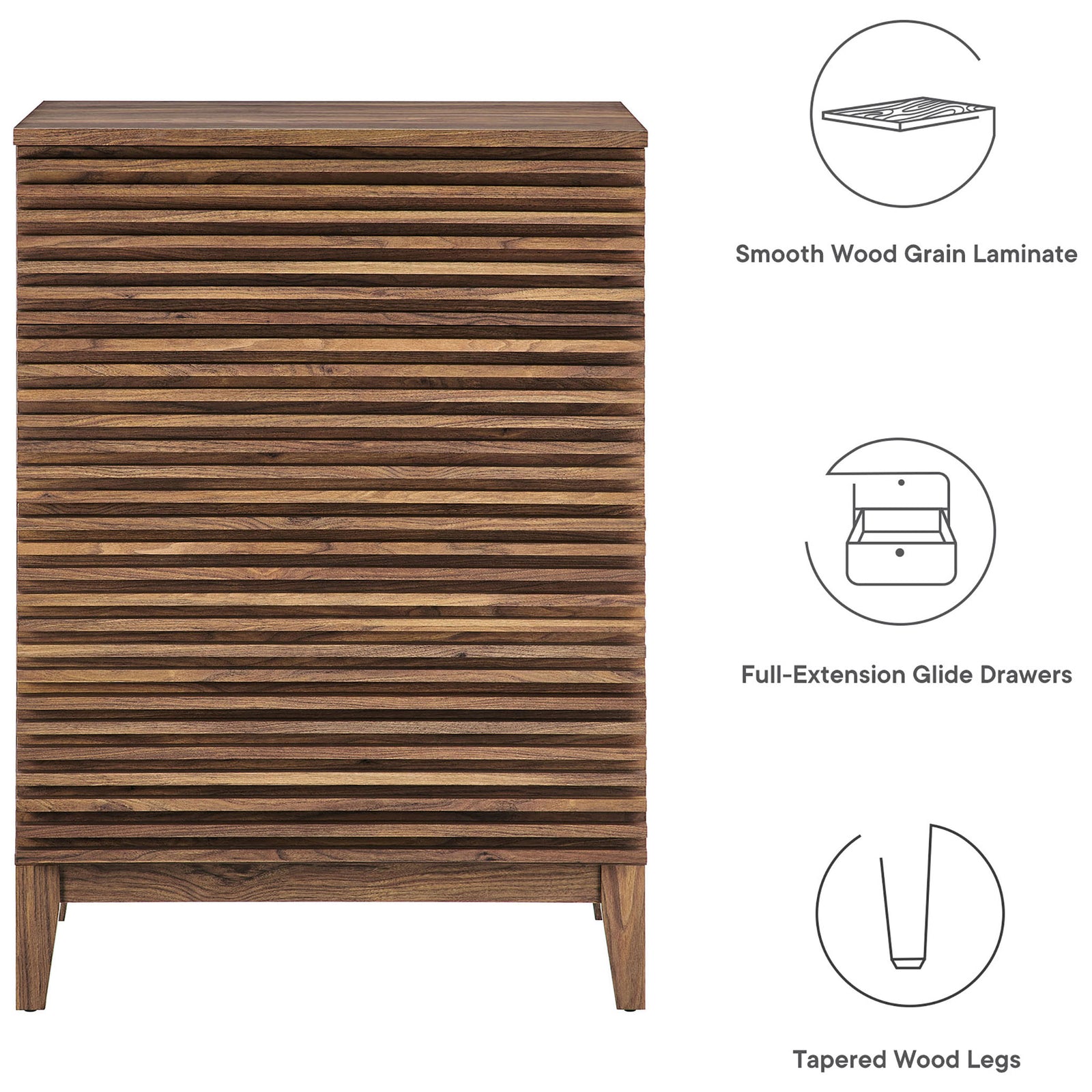 Feature graphic highlighting smooth wood grain laminate, full-extension drawers, and tapered legs || MOD-7202-WAL || callout_studio
