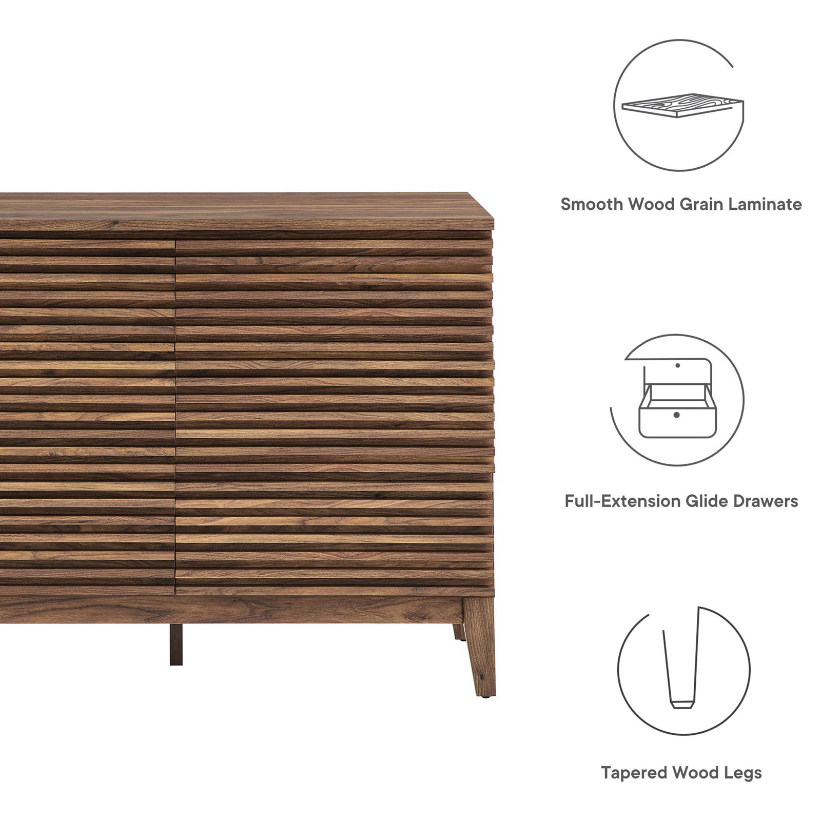 Illustration highlights smooth wood grain laminate, full-extension drawers, and tapered wood legs. || MOD-7204-WAL || callout_studio