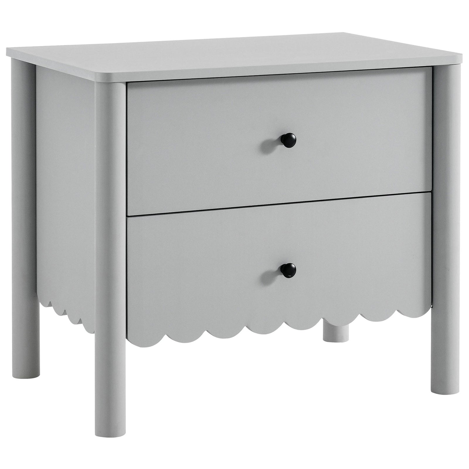 Light gray nightstand with scalloped apron, two drawers, and round black metal knobs || MOD-7206-LGR || front_angle_studio