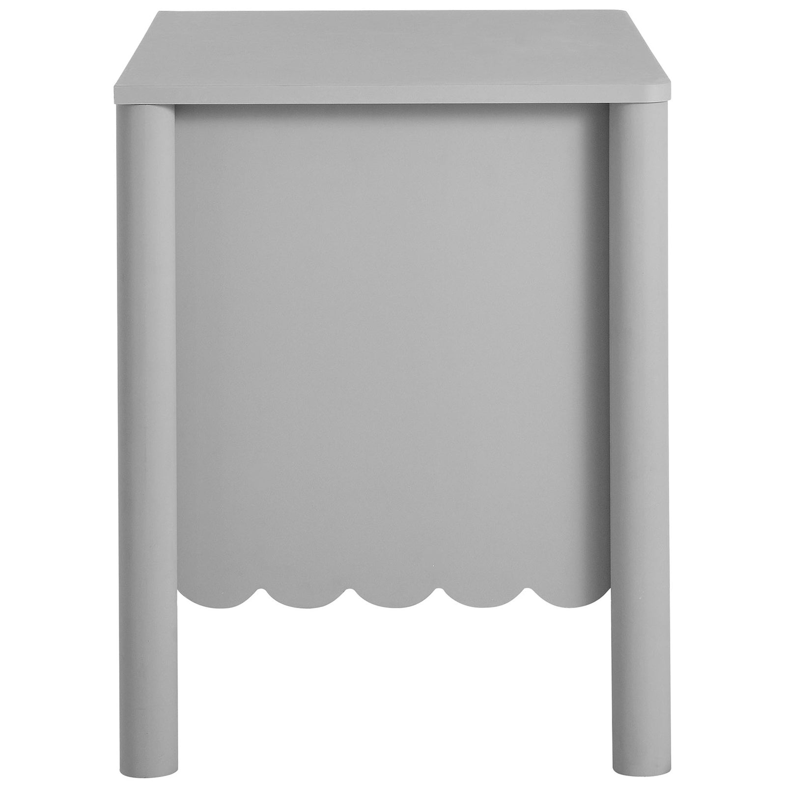 Light gray nightstand showing smooth side panel, rounded legs, and scalloped base detail || MOD-7206-LGR || side_studio