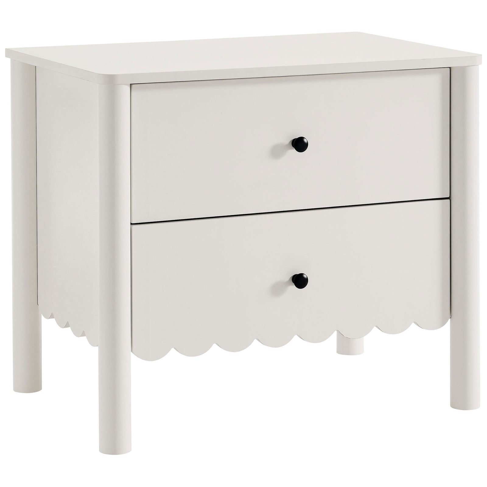 White scalloped 2-drawer nightstand with rounded legs and sleek black knobs || MOD-7206-WHI || front_angle_studio