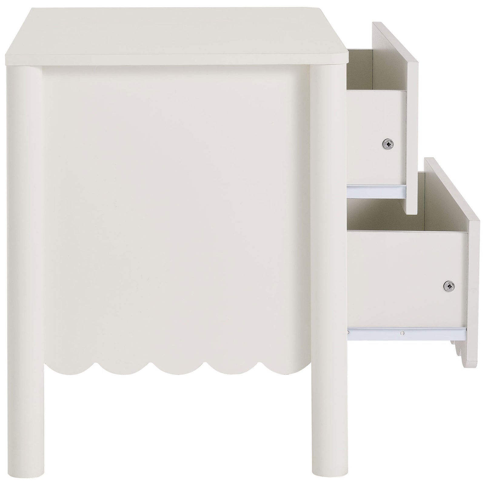 White nightstand with both drawers open revealing full-extension metal drawer glides || MOD-7206-WHI || side_open_studio