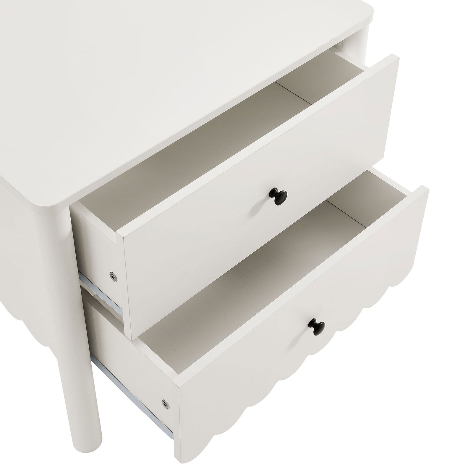 Open top drawers of white scalloped nightstand offering organized bedside storage || MOD-7206-WHI || storage_open_studio