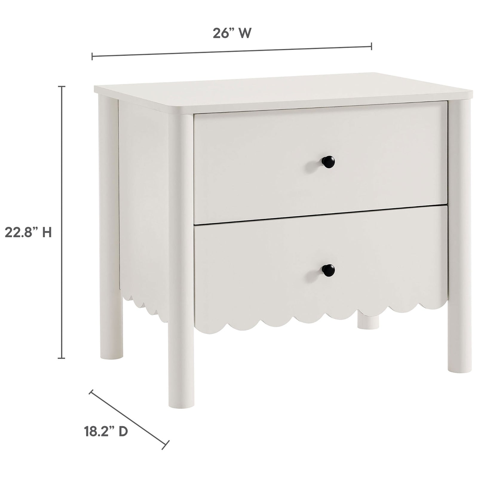 Size diagram of white scalloped nightstand with clearly labeled height, width, and depth || MOD-7206-WHI || dimension_studio