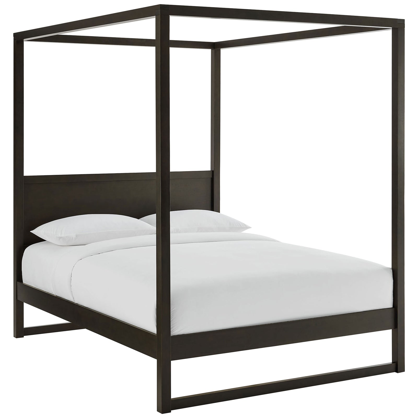 Modern canopy platform bed with integrated headboard and crisp minimalist silhouette || MOD-7215-SOA || front_angle_studio
