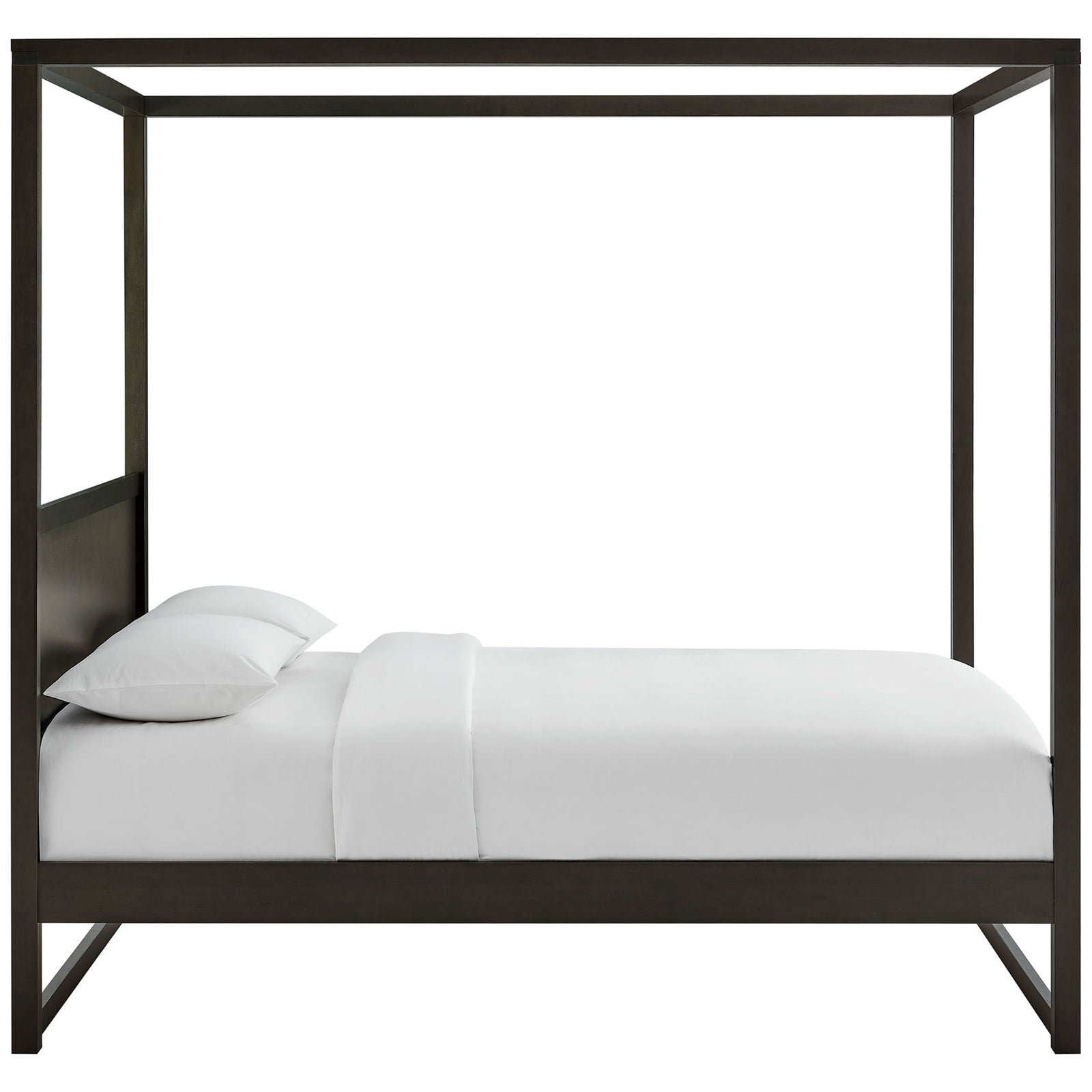 Low platform silhouette with sturdy canopy posts and an integrated wood headboard || MOD-7215-SOA || side_studio