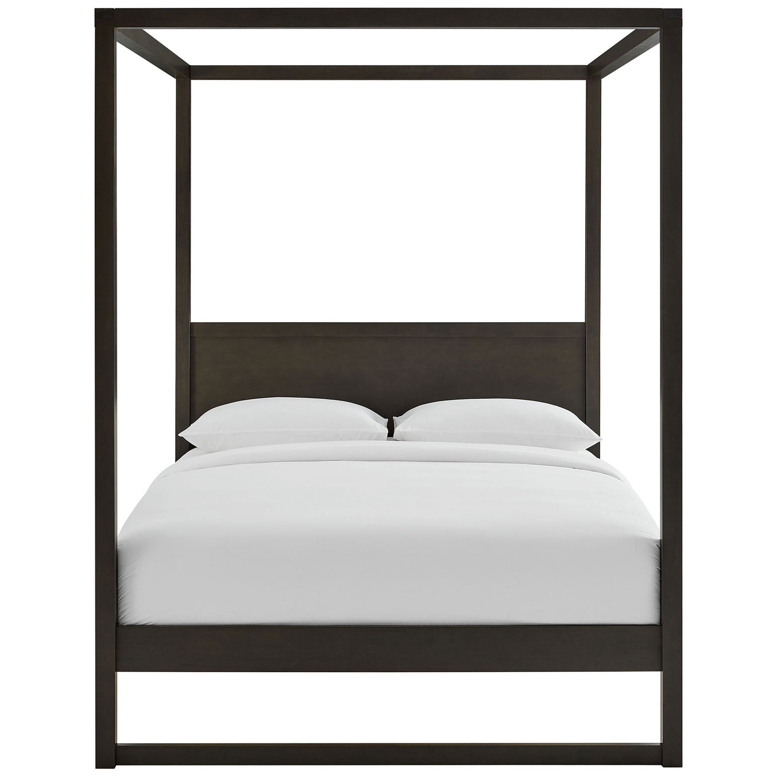 Four-post smoked oak canopy bed with wide wood headboard and clean, modern lines || MOD-7215-SOA || front_studio