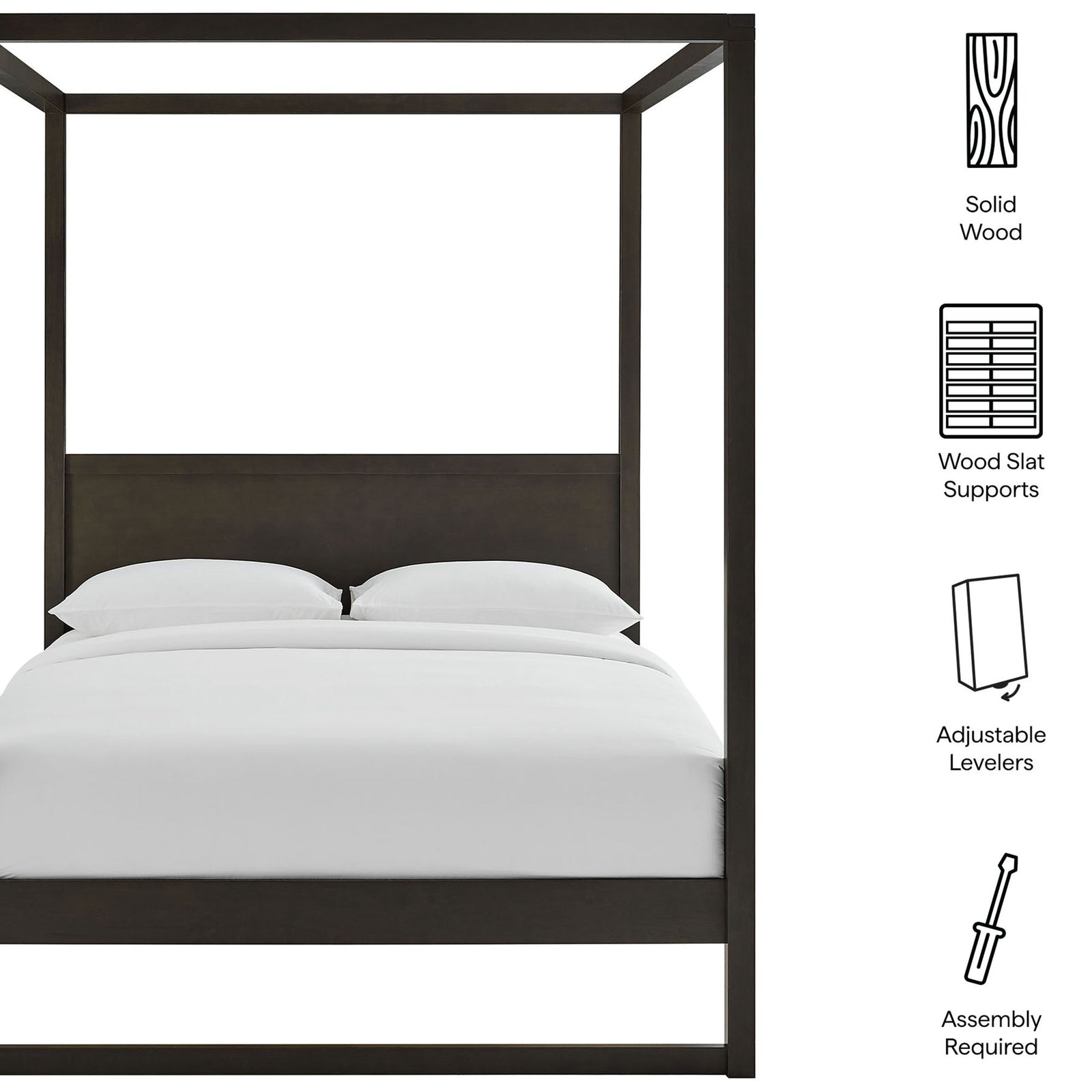 Solid wood canopy bed with wood slat supports and adjustable levelers || MOD-7215-SOA || callout_studio