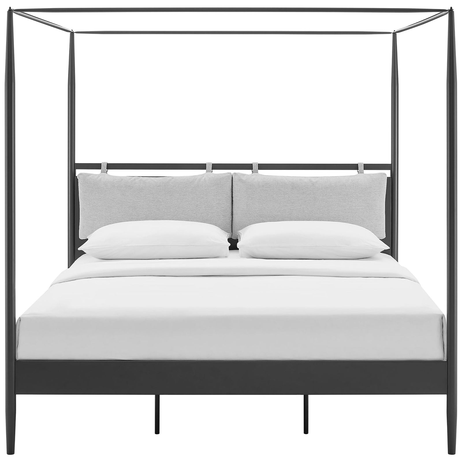 Metal canopy bed with two upholstered headboard pillows and a clean, modern frame || MOD-7224-CHA-NPT || front_studio