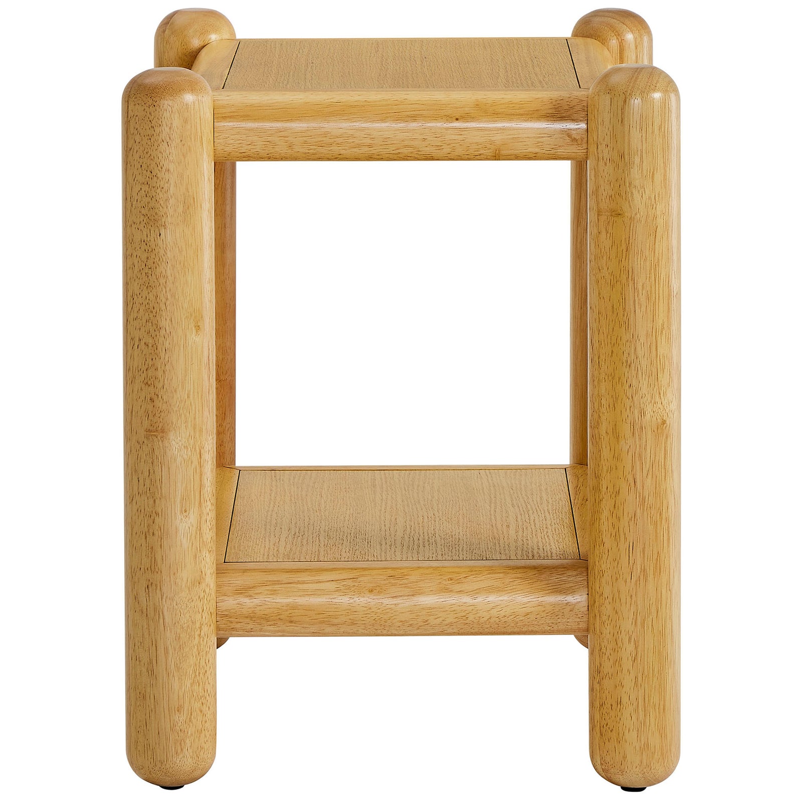Slim side profile of the Arcus oak side table showing smooth cylindrical legs and sturdy lower tier. || MOD-7226-OAK || side_studio