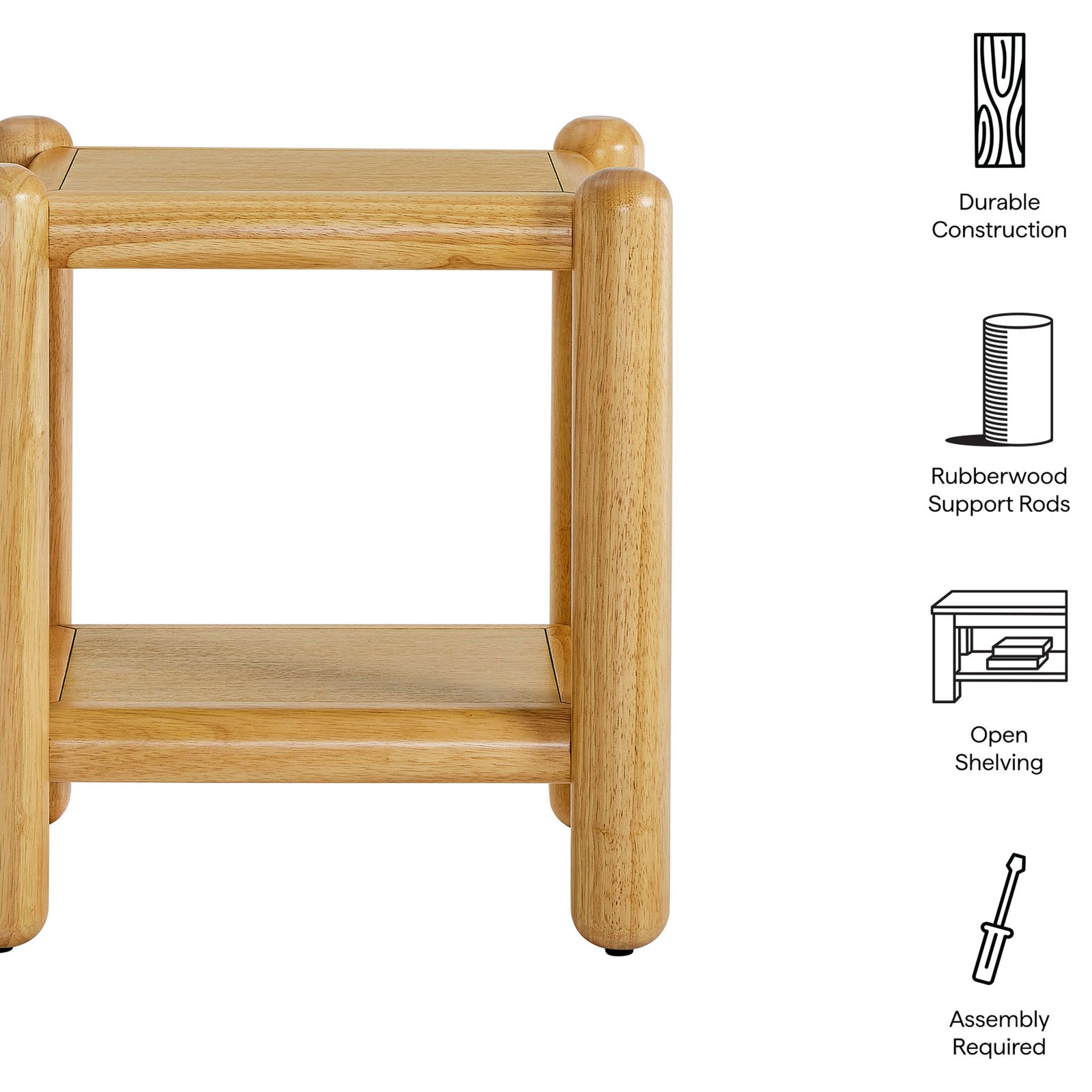 Feature graphic for Arcus side table highlighting durable build, rubberwood rods, open shelf, and assembly required. || MOD-7226-OAK || callout_studio