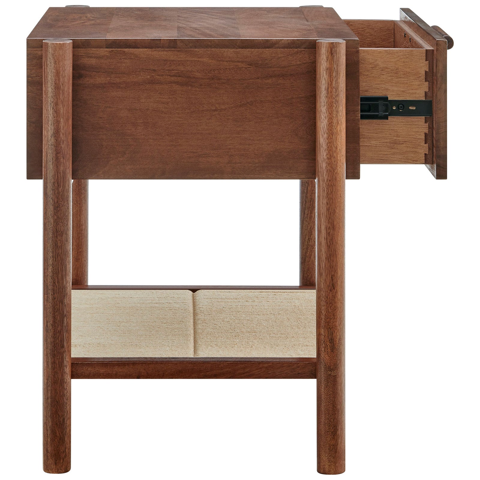 Oswin walnut nightstand showing smooth full-extension drawer glides above an airy woven jute storage shelf. || MOD-7227-WAL || side_open_studio