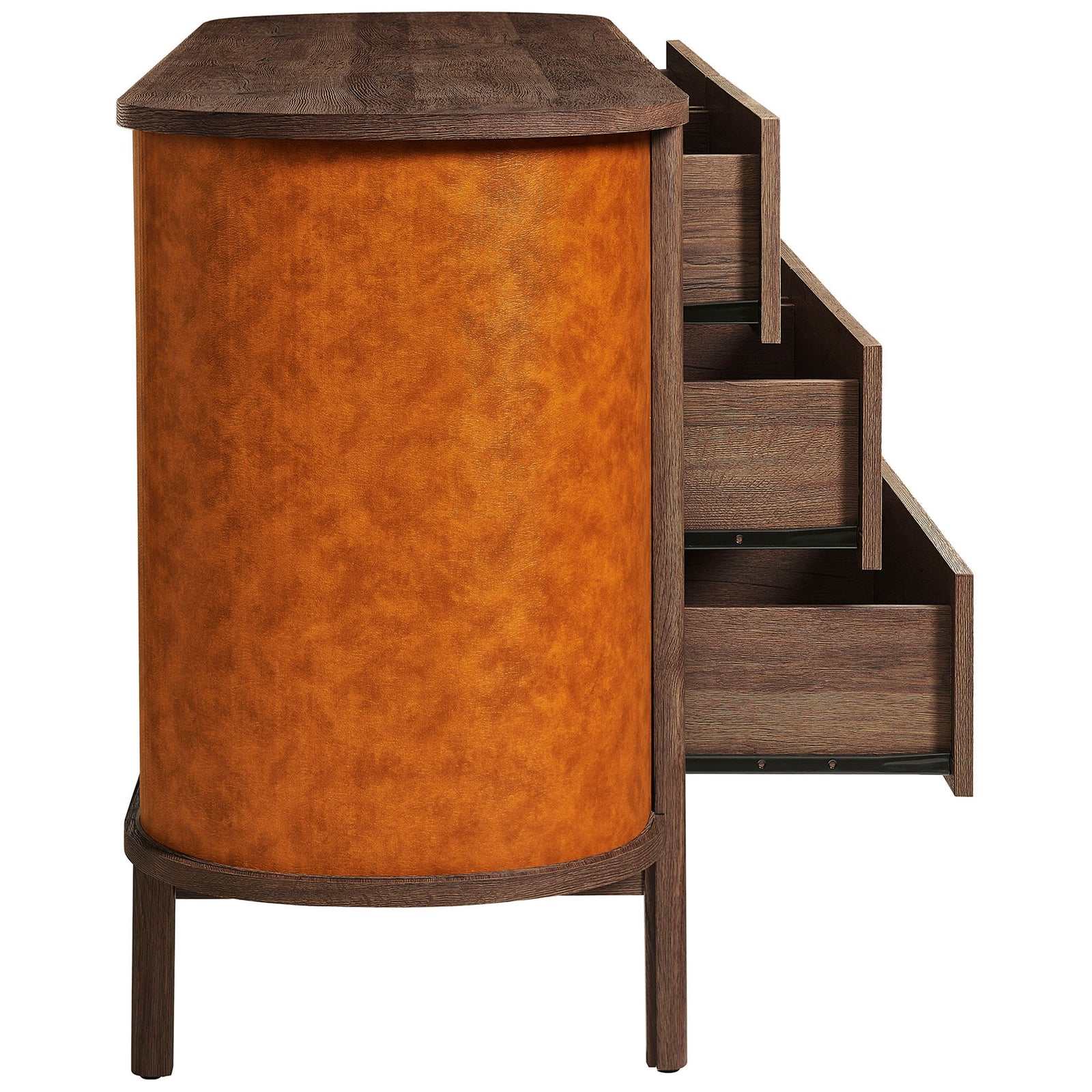 Three drawers slide open to reveal generous storage space lined in a warm, wood grain finish. || MOD-7228-WAL-TAN || side_open_studio