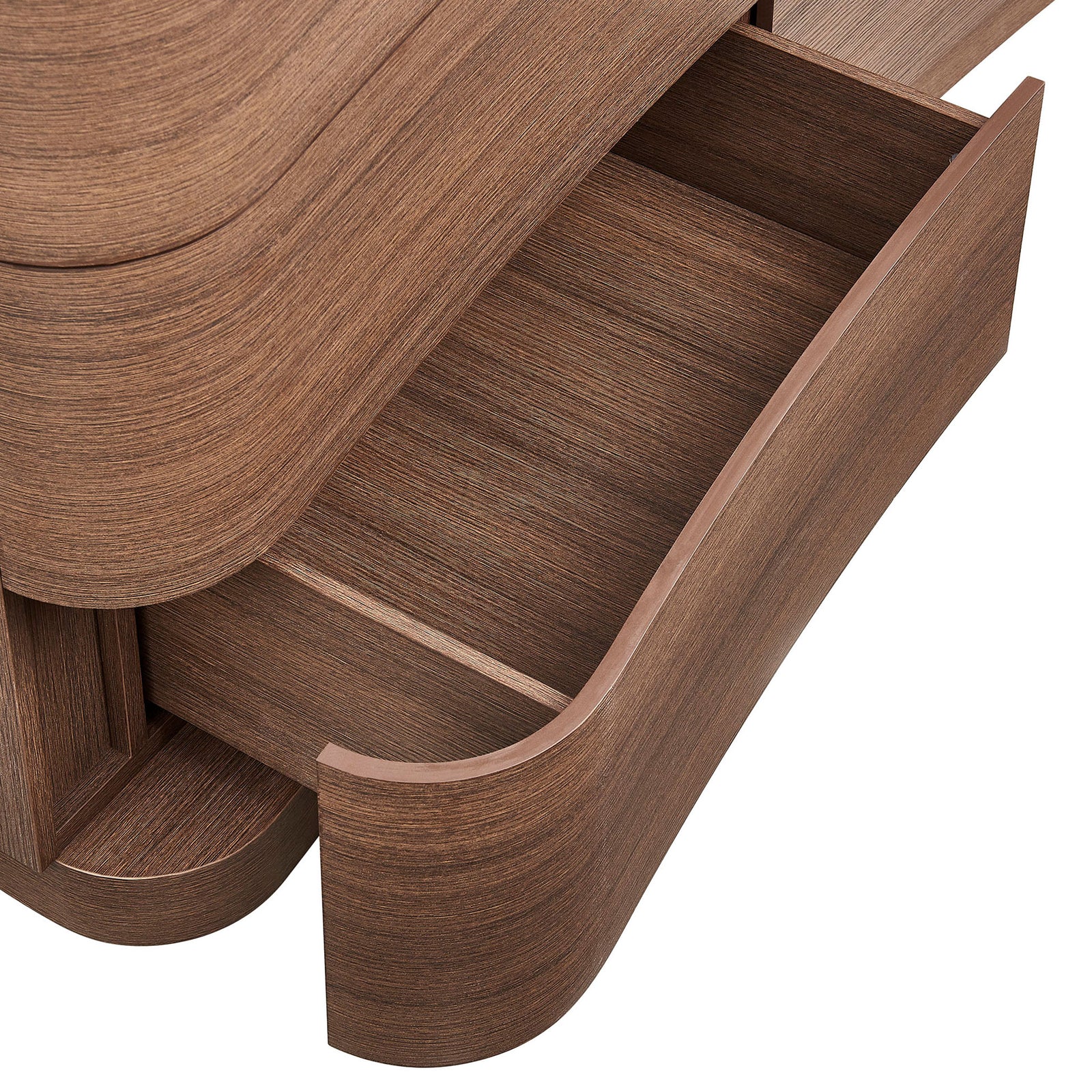 Curved drawer fronts and spacious interior storage showcase the Mirae dresser's rich brown oak finish. || MOD-7229-BBO || storage_open_studio
