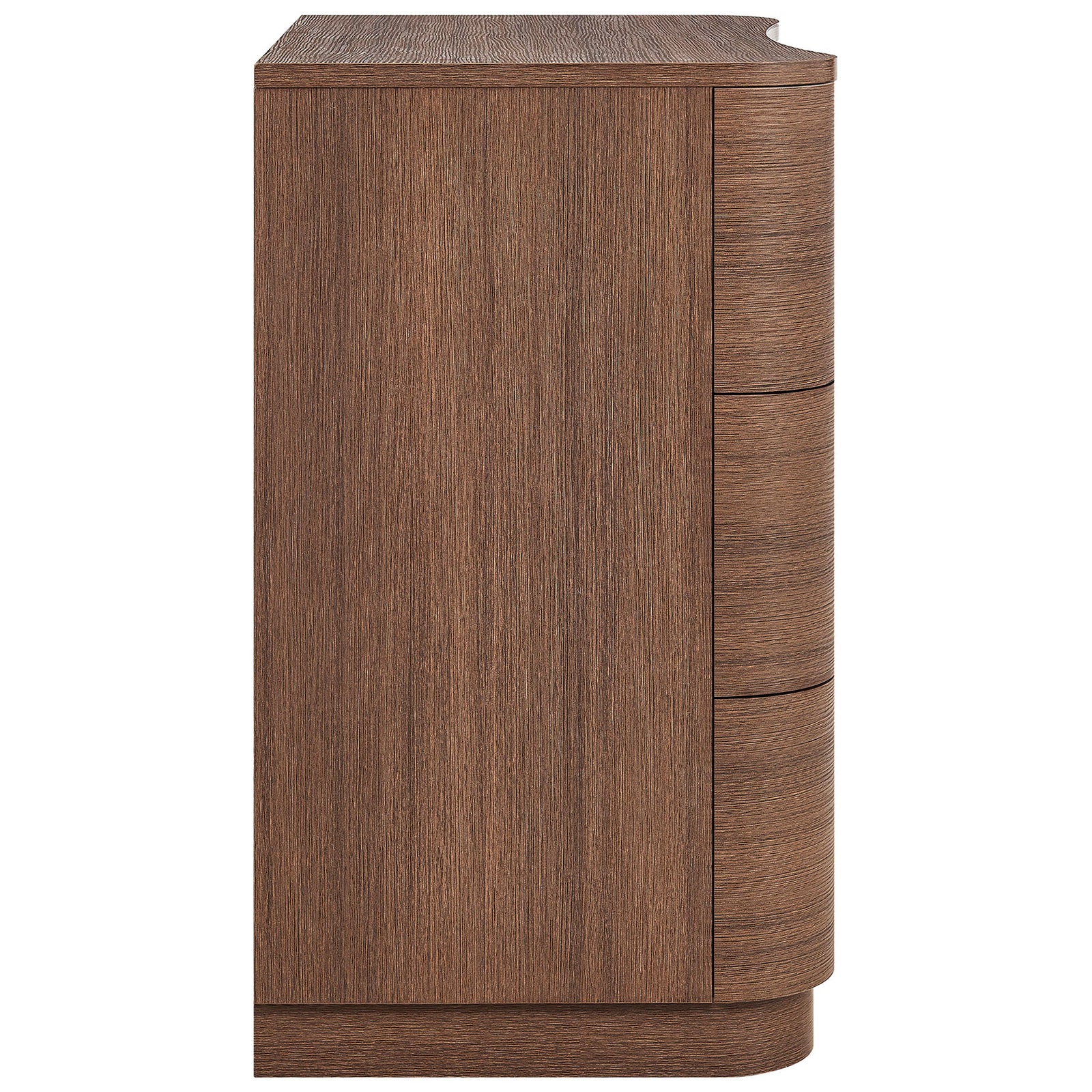Streamlined profile of the Mirae dresser showing smooth rounded edges and wood grain texture || MOD-7230-BBO || side_studio