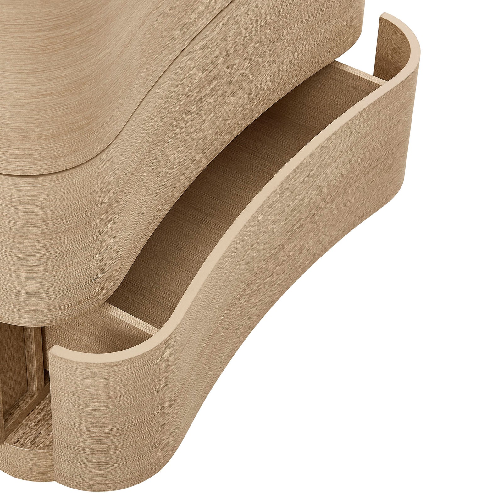 Open lower drawer shows divided storage compartments lined in matching wood grain for organized essentials || MOD-7230-BOA || storage_open_studio