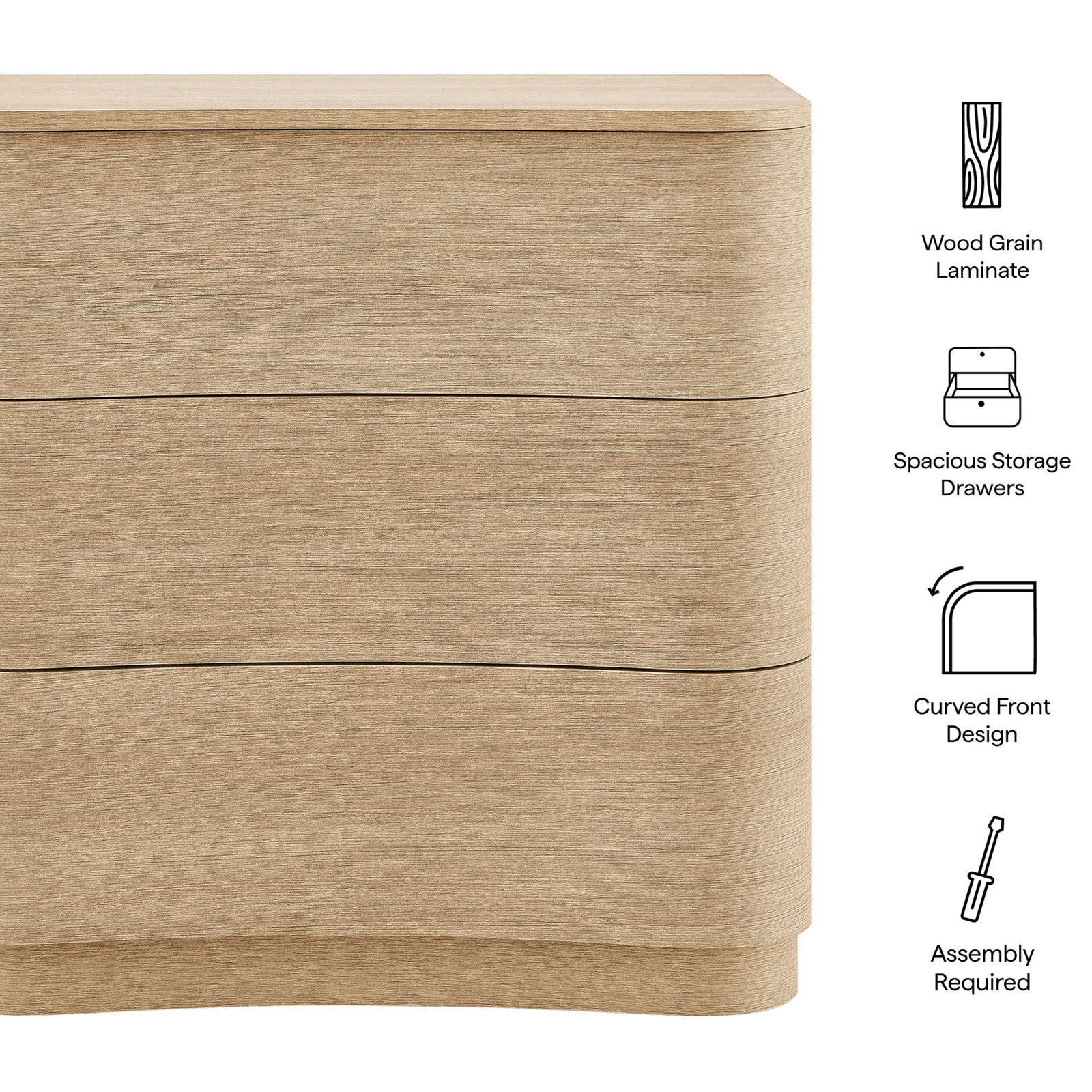 Feature graphic highlighting the dresser wood grain laminate, spacious drawers, curved fronts, and assembly || MOD-7230-BOA || callout_studio