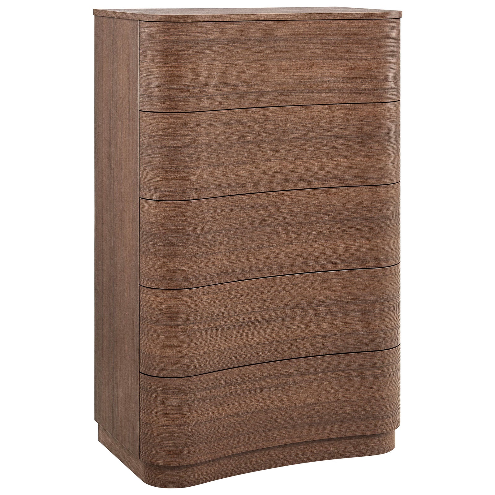 Tall curved dresser chest in brushed brown oak with sculpted wave-front drawers and smooth wood grain finish. || MOD-7231-BBO || front_angle_studio