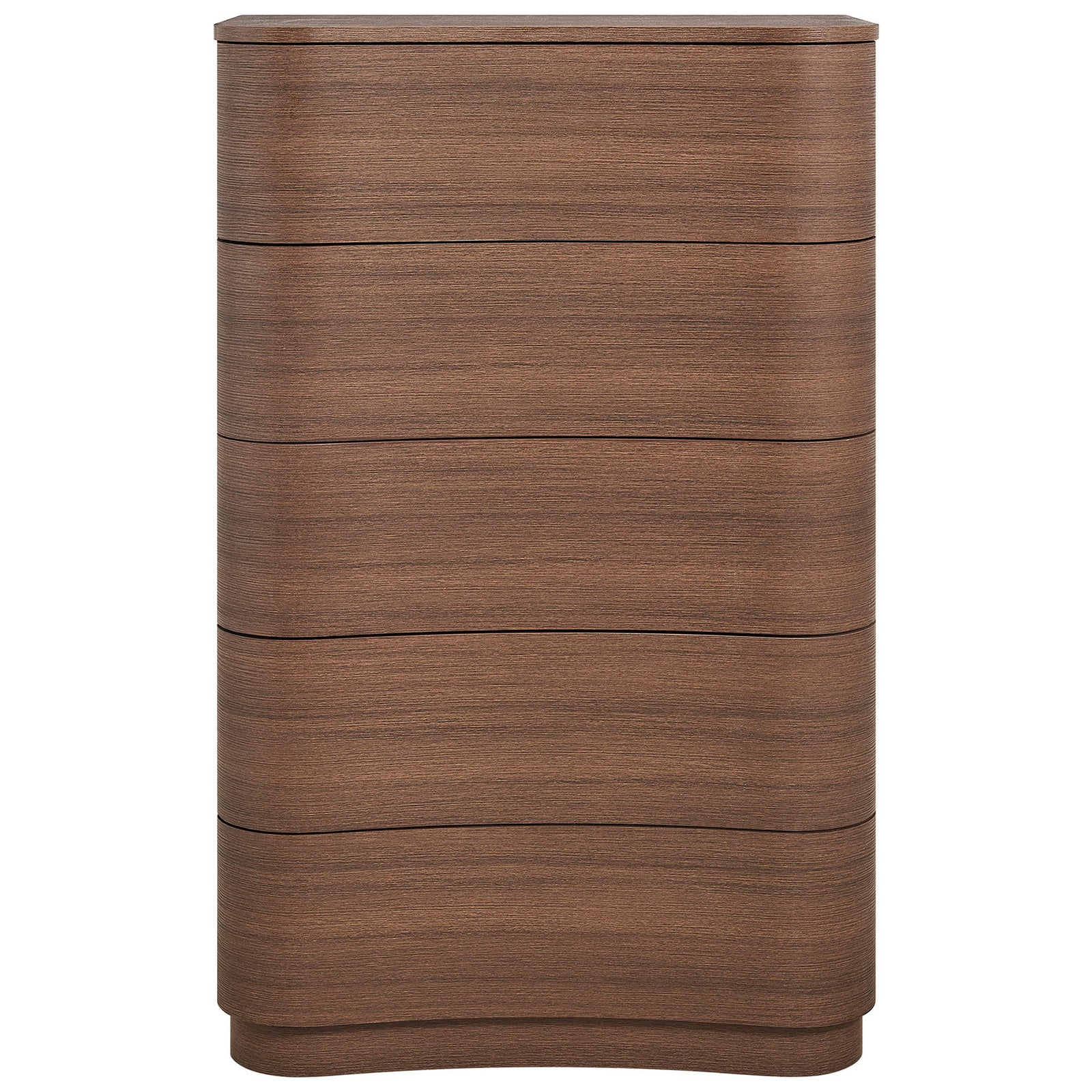 Five-drawer vertical dresser chest with gently curved fronts and a warm brushed brown oak wood grain finish. || MOD-7231-BBO || front_studio