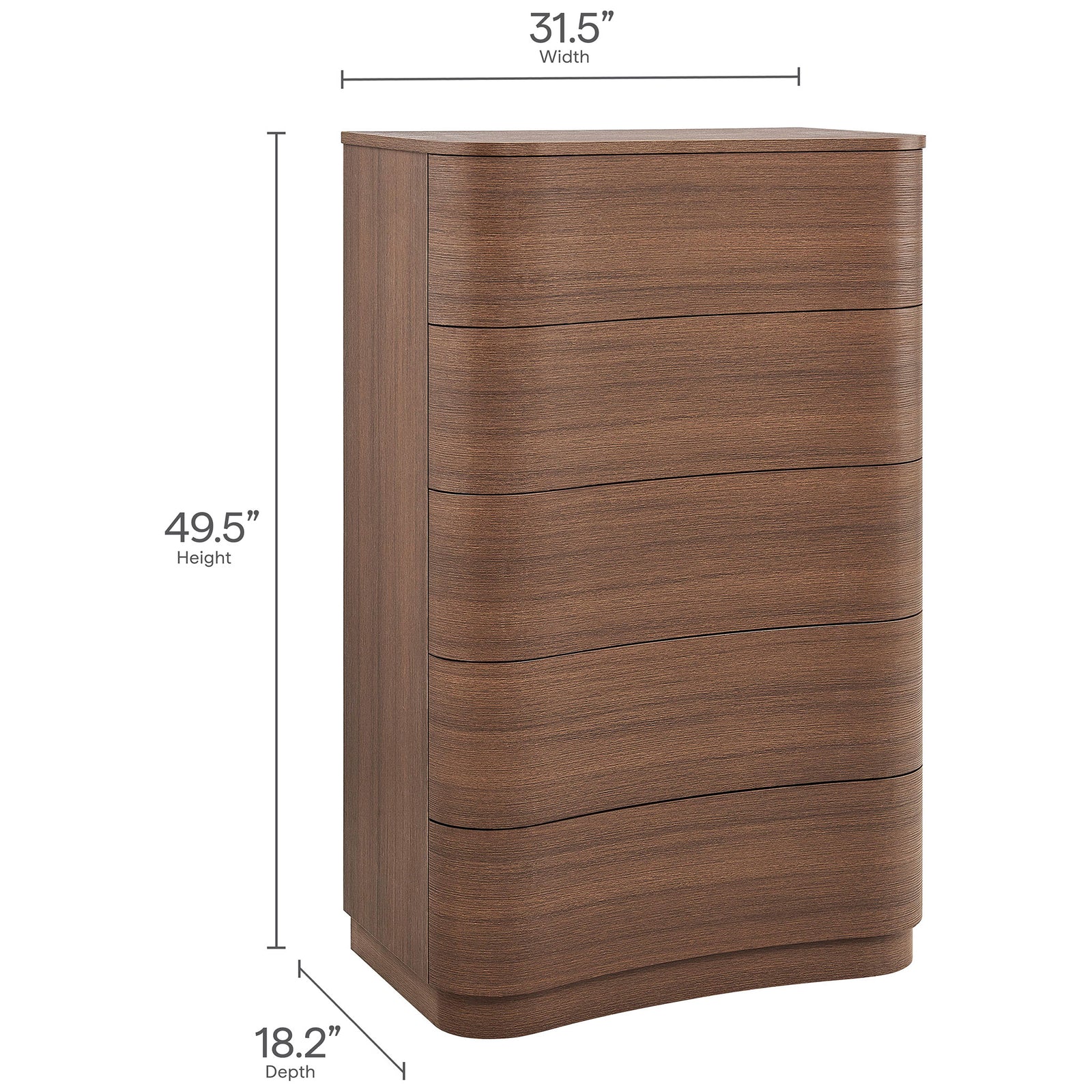 Angled Mirae dresser chest with overlay measurements for height, width, and depth to illustrate overall size. || MOD-7231-BBO || dimension_studio