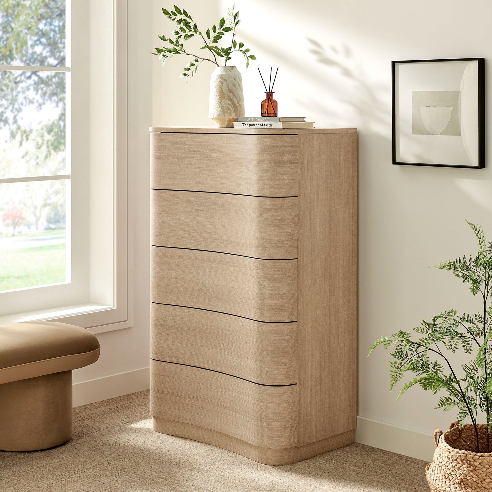Curved oak dresser anchors a bright, airy bedroom with organic texture and softly modern lines. || MOD-7231-BOA || front_angle_room