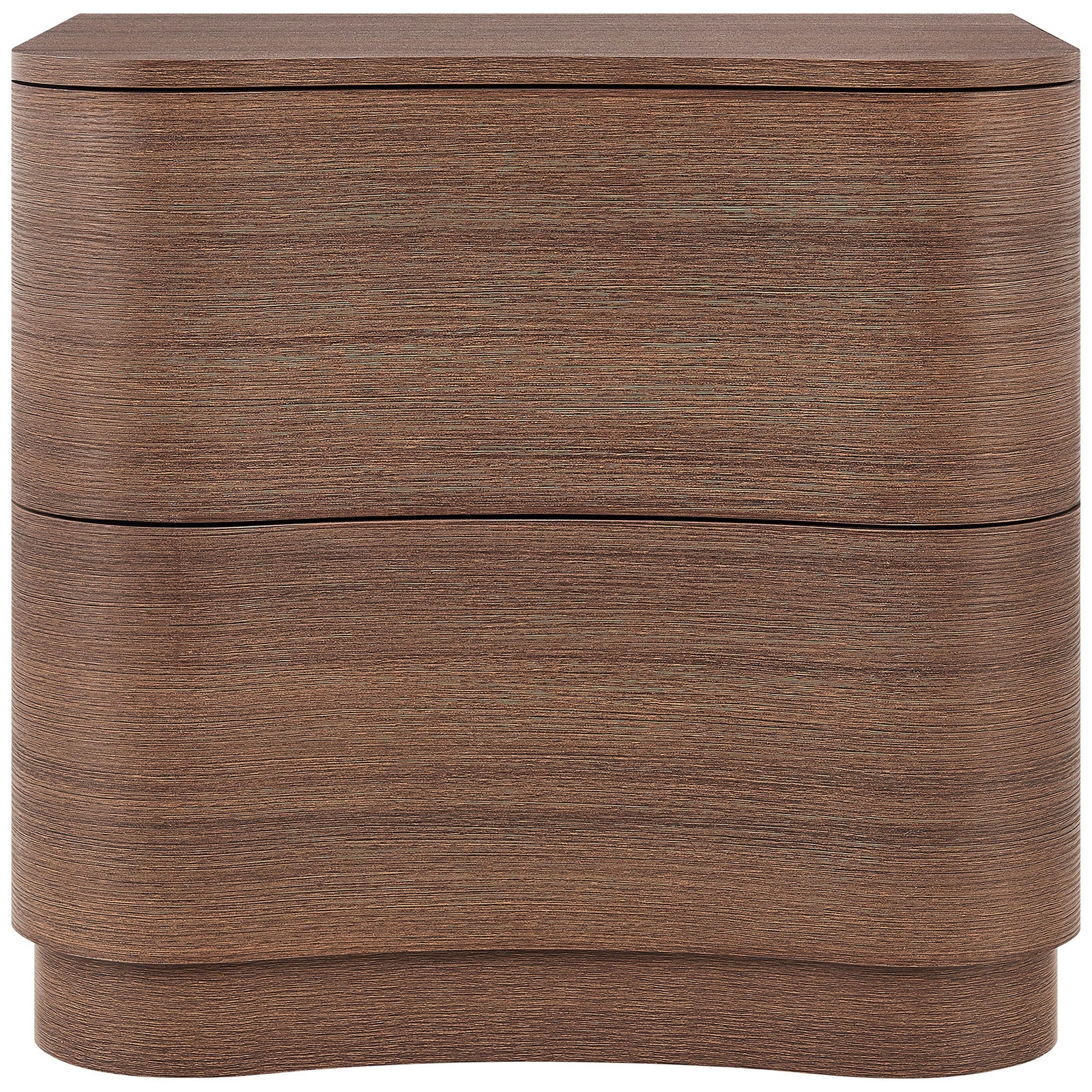 Curved two-drawer Mirae nightstand in brushed brown oak with smooth wood grain and deep storage drawers || MOD-7232-BBO || front_studio