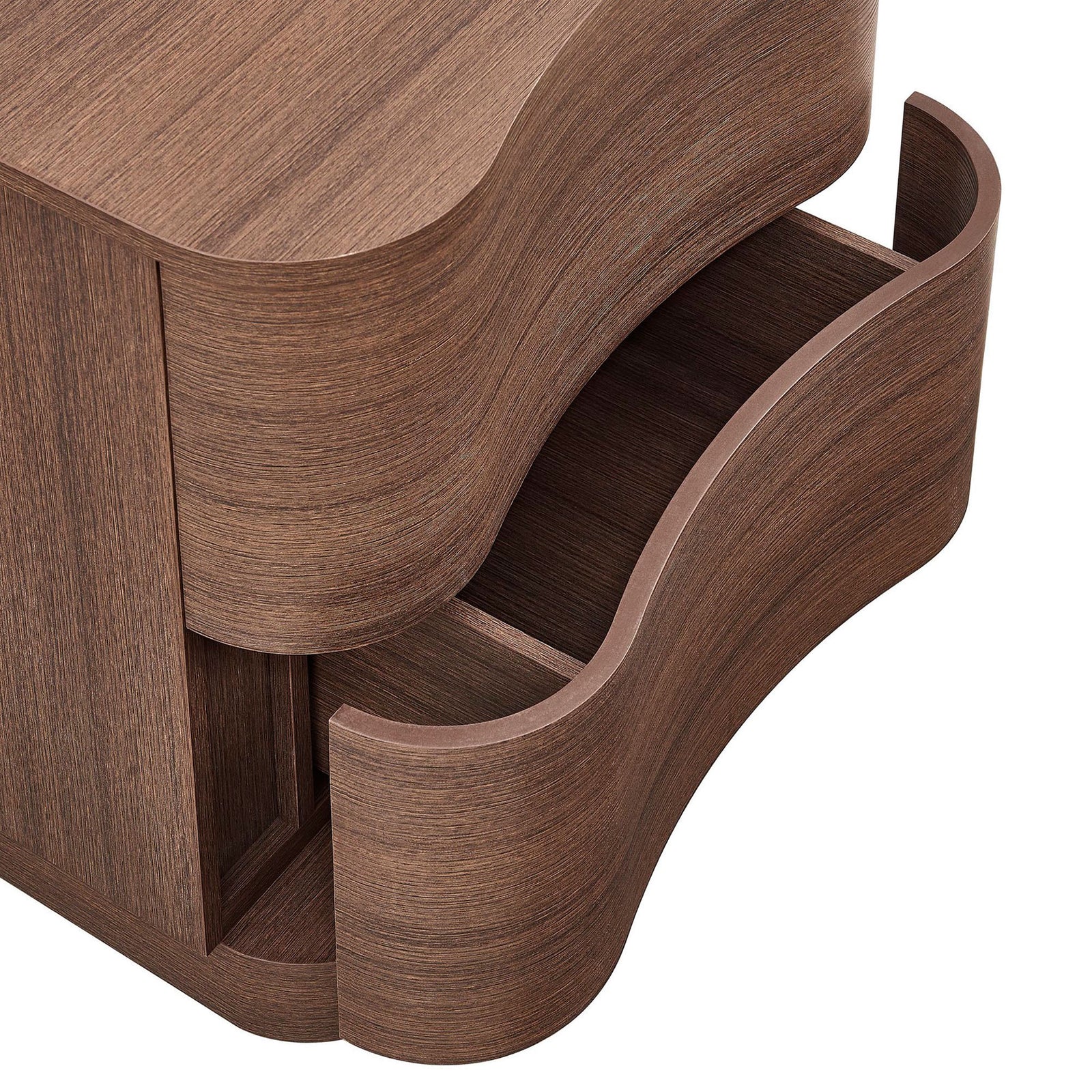 Curved lower drawer glides open to show deep storage space and the textured wood grain of the Mirae nightstand || MOD-7232-BBO || storage_open_studio