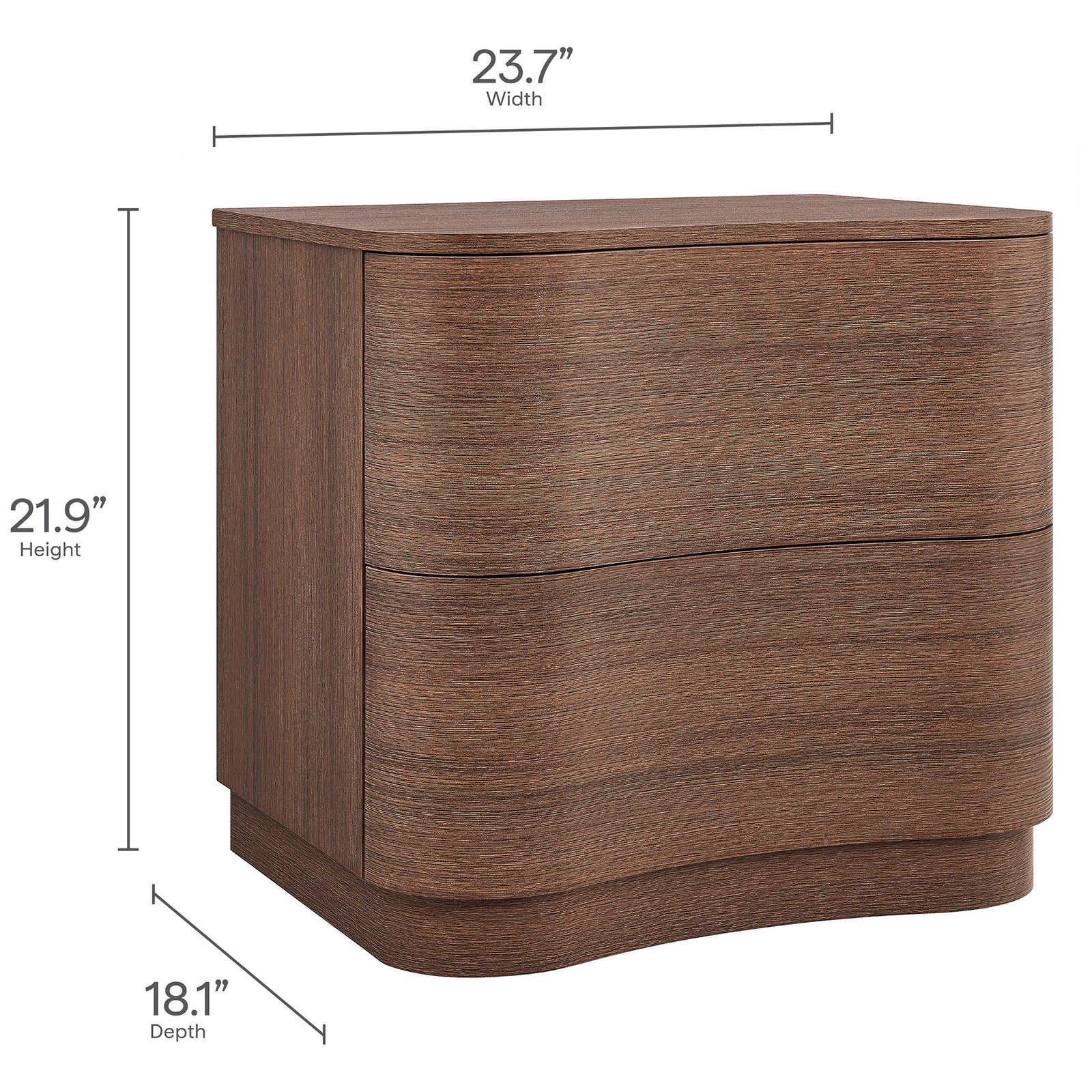 Dimensions diagram of the Mirae nightstand shows compact height, width, and depth for versatile bedroom placement || MOD-7232-BBO || dimension_studio