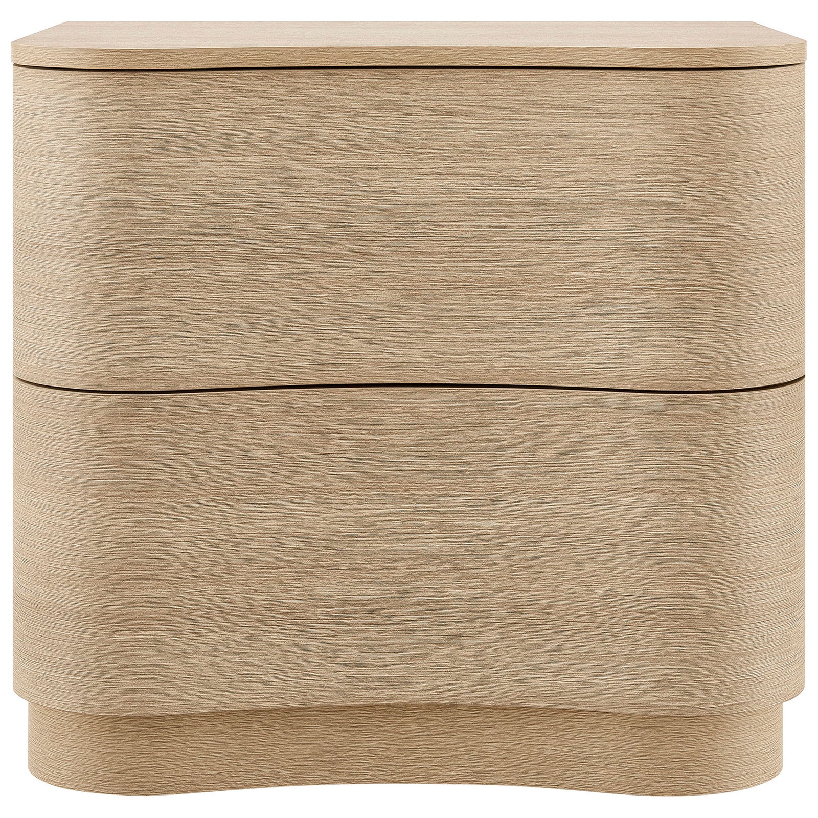 Curved light oak nightstand with smooth wood grain and two seamless drawers for modern bedside storage || MOD-7232-BOA || front_studio